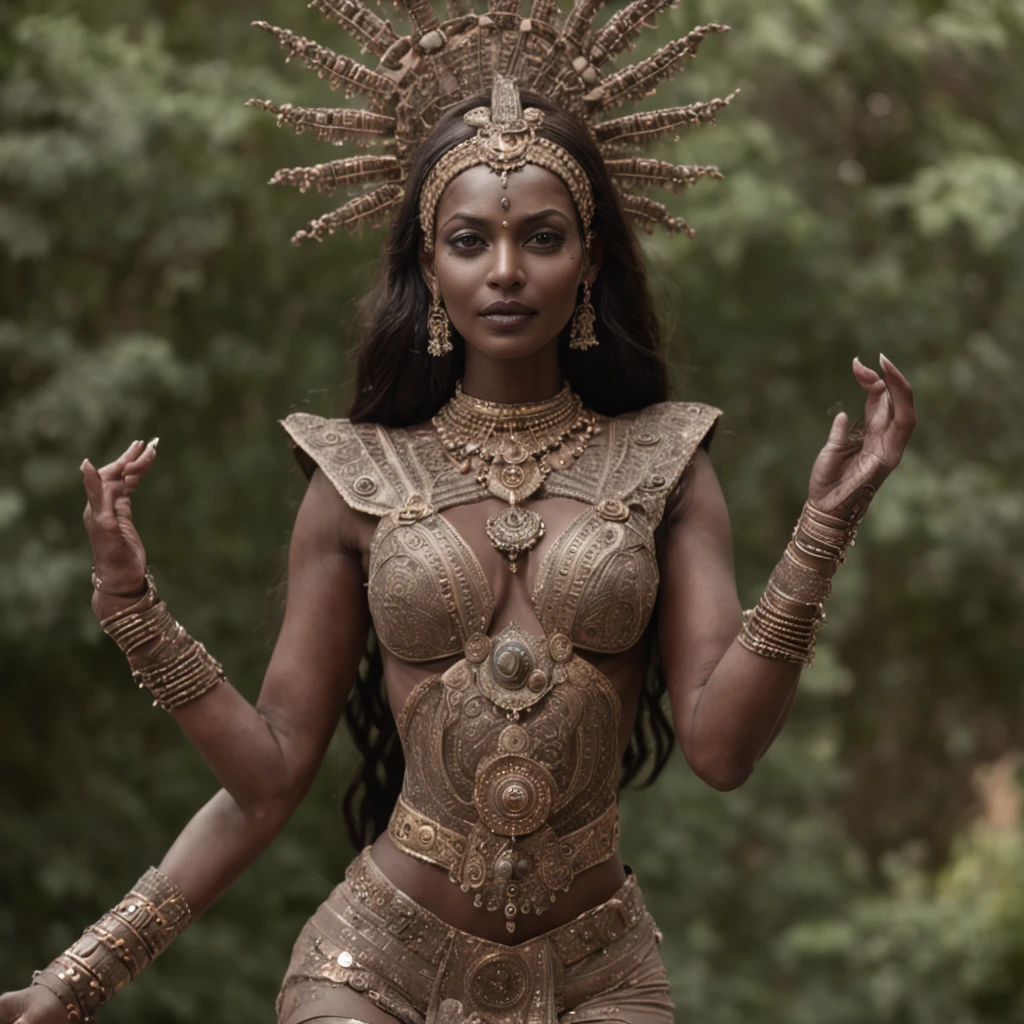 Best quality, Masterpiece, 超高分辨率, (photograph realistic:1.4),brown skinned Indian cybernetic humanoid goddess ,surrealism, Dream-like, fusionart, Indian goddess mystical humanoids, dark ethereal magic, humanoid dream control, cybernetic stealth, shadow step, dark machine spells, crystal razor blade