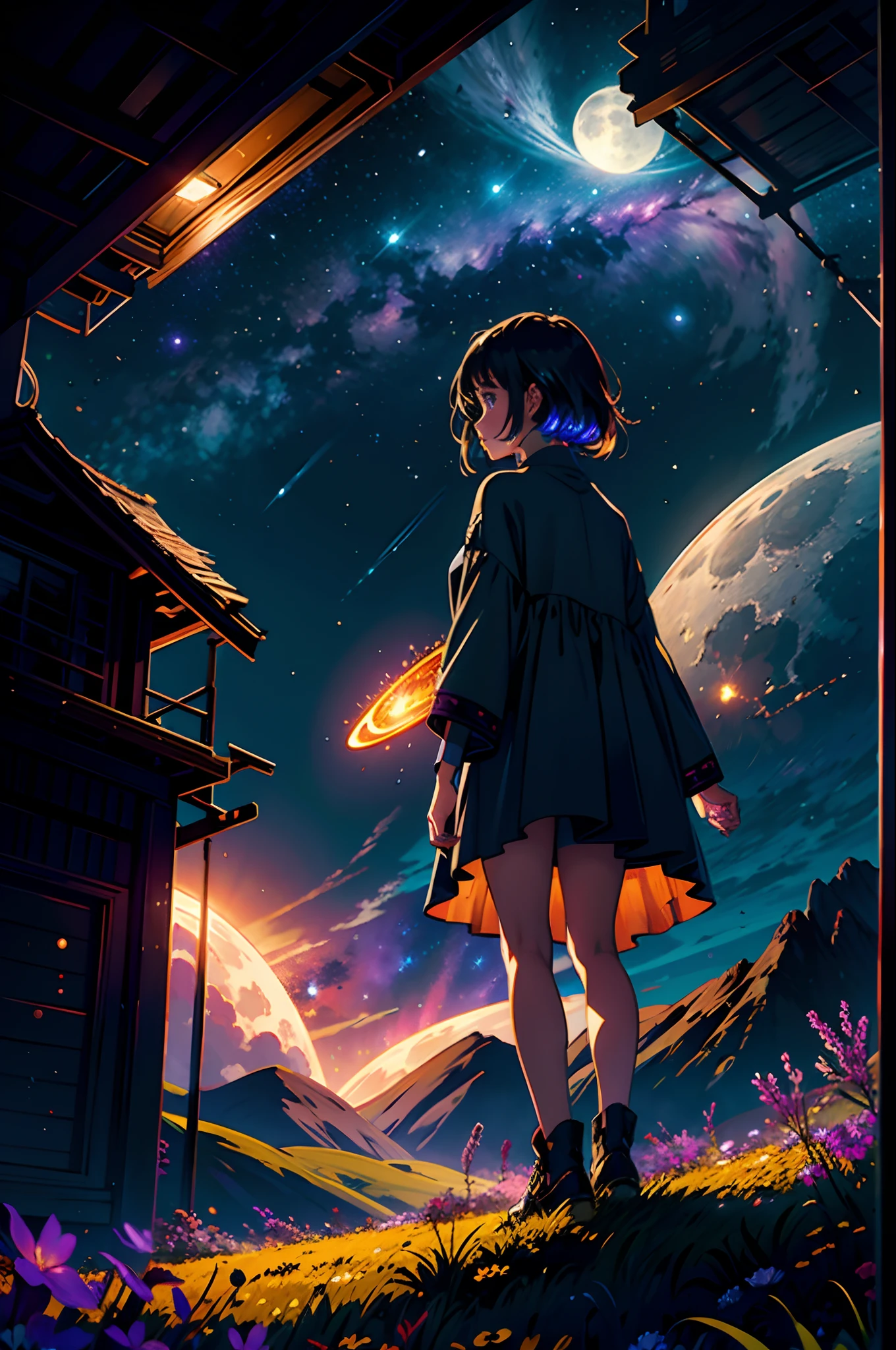 expansive landscape photograph , (a view from below that shows sky above and open field below), a girl standing on flower field looking up, (full moon:1.2), ( shooting stars:0.9), (nebula:1.3), distant mountain, tree BREAK
production art, (warm light source:1.2), (Firefly:1.2), lamp, lot of purple and orange, intricate details, volumetric lighting BREAK
(masterpiece:1.2), (best quality), 4k, ultra-detailed, (dynamic composition:1.4), highly detailed, colorful details,( iridescent colors:1.2), (glowing lighting, atmospheric lighting), dreamy, magical, (solo:1.2)