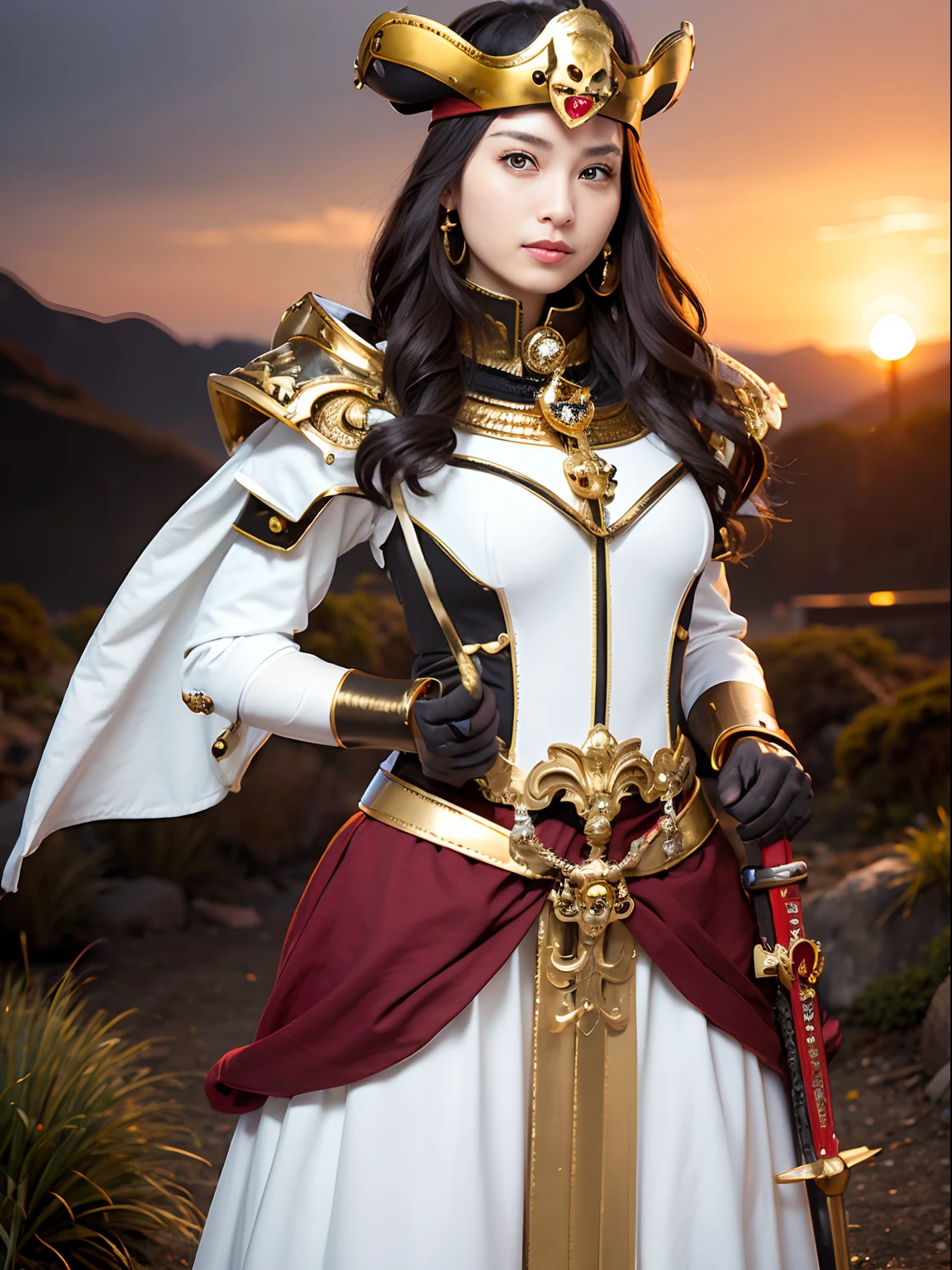(masutepiece), Professional , ​masterpiece、top-quality、photos realistic , depth of fields （Gemstone Silver Metal Body:1.９),(Matte White、（Put on a pirate hat）、Jewel Gold Weapon（Jewel Metal Body:1.４),Gorgeous metal weapons , Detailed Sword of the Brave , Beautiful knife   ,warhammer 40k , The port town、adepta sororitas,Detail and ornate jewel crown、Black hair、Gangle's forest background、Beautiful Caucasian beauty、１a person、dynamic ungle,(((Detailed and ornate diamond crown)))、Smaller head、A smile、Take a sexy pose、Background inside the castle、Thin and beautiful female hands、cleavage of the breast、Soldier in iron armor on background、Soldier in iron armor on background、Sea view、