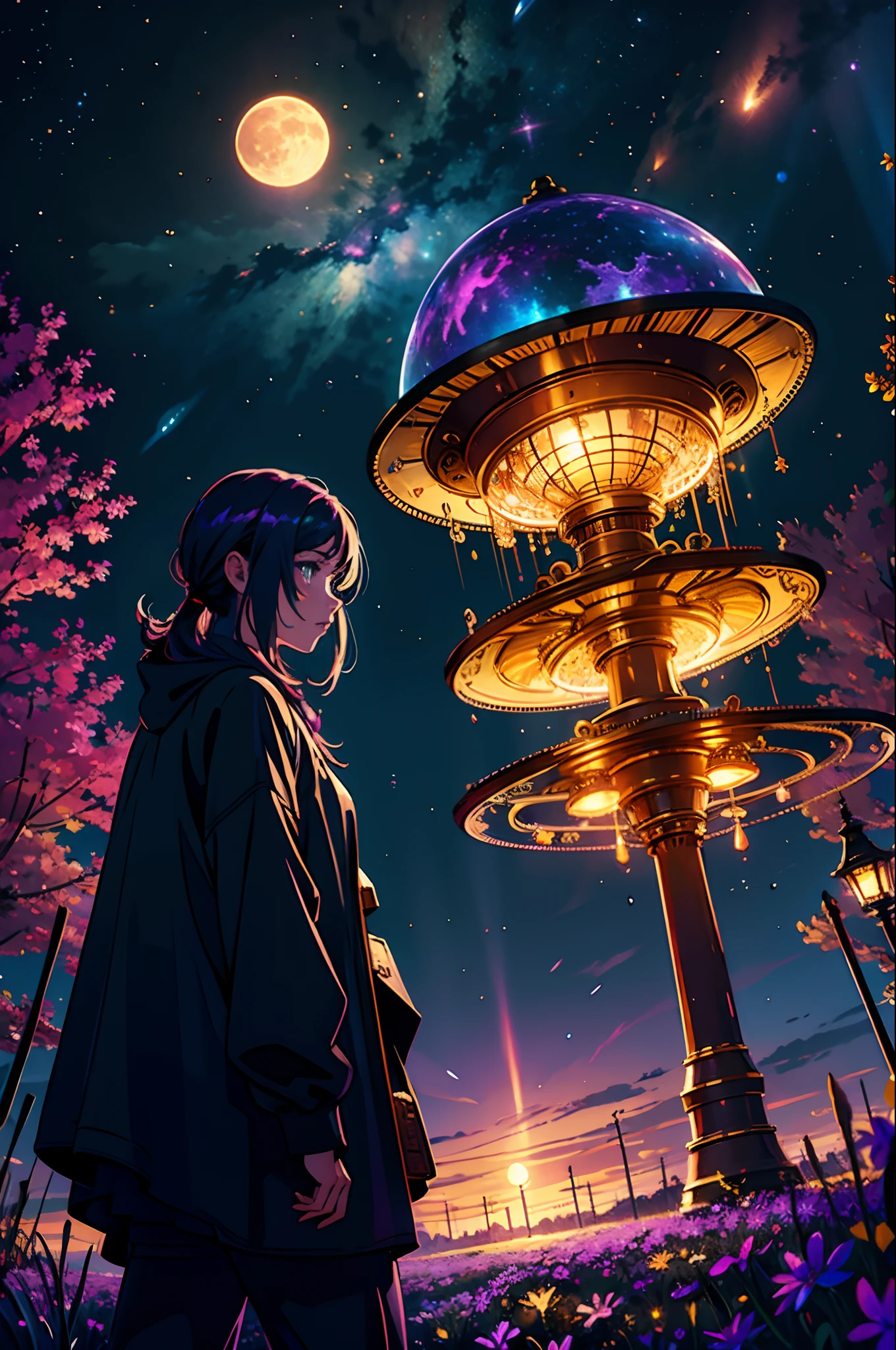 expansive landscape photograph , (a view from below that shows sky above and open field below), a girl standing on flower field looking up, (full moon:1.2), ( shooting stars:0.9), (nebula:1.3), distant mountain, tree BREAK
production art, (warm light source:1.2), (Firefly:1.2), lamp, lot of purple and orange, intricate details, volumetric lighting BREAK
(masterpiece:1.2), (best quality), 4k, ultra-detailed, (dynamic composition:1.4), highly detailed, colorful details,( iridescent colors:1.2), (glowing lighting, atmospheric lighting), dreamy, magical, (solo:1.2)