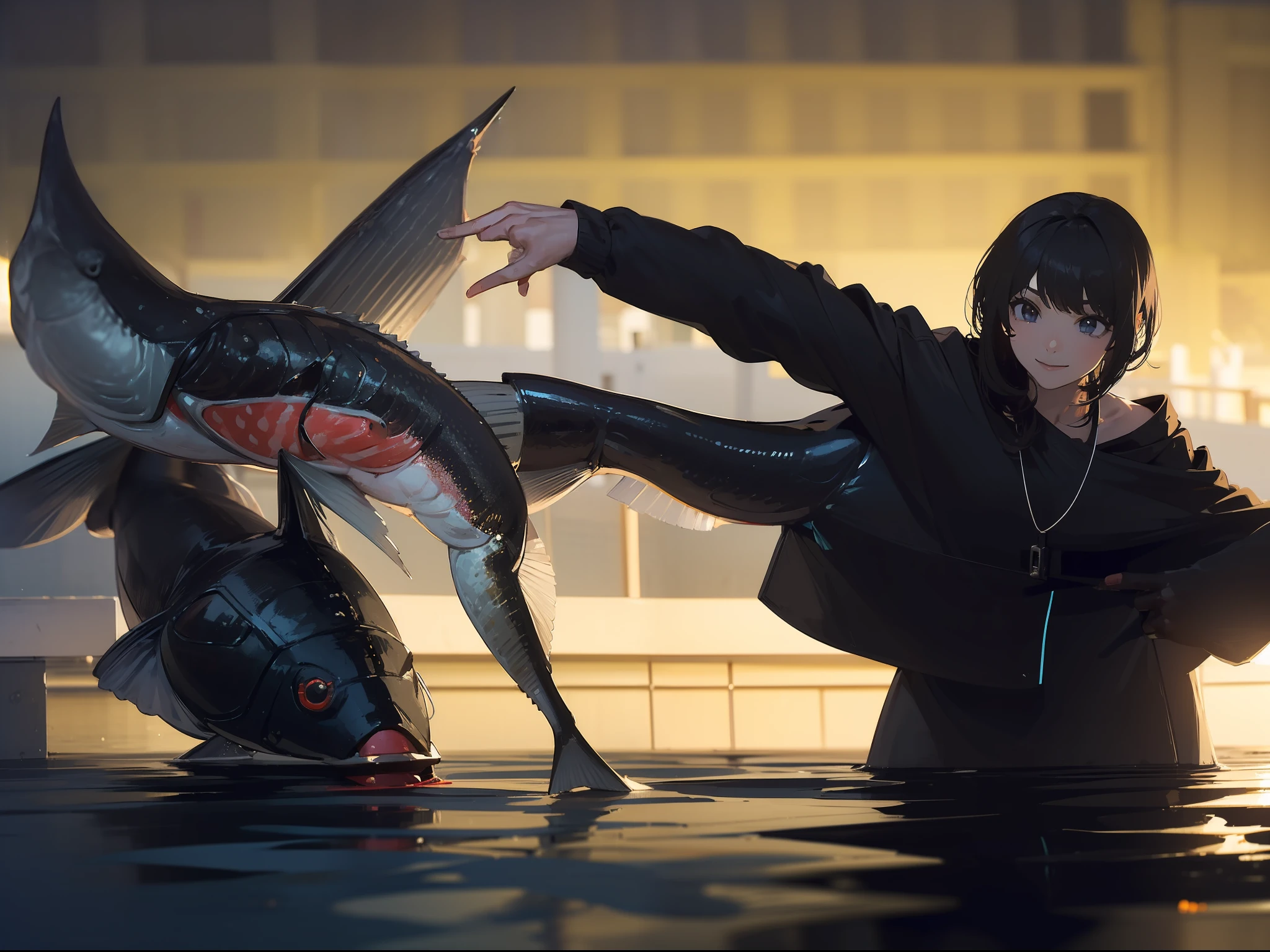 ((((Catch a big black bass by the lake:1.5)))),((1 female 22 years old))((Best Quality, masutepiece :1.5)),(((Hands with the correct number and structure of fingers:1.5))),hight resolution,ultra-detailliert,​masterpiece,best qualtiy,,Black hair, long eyeslashes, Solid Circle Eyes, Smiling Woman, drop shadow, Atmospheric perspective,Super Detail, ccurate, small brest,(Black jacket :1.1),top-quality, blurry backround, bokeh dof:1.2, (​masterpiece:1.3),  Atmospheric perspective,Super Detail,dynamic compositions