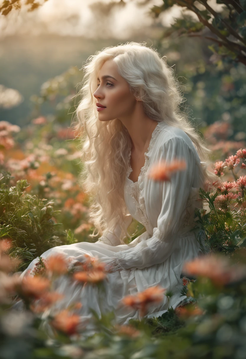(masterpiece, best quality),1girl with long white hair sitting in a field of green plants and flowers, her hand under her chin, warm lighting, white dress, blurry foreground