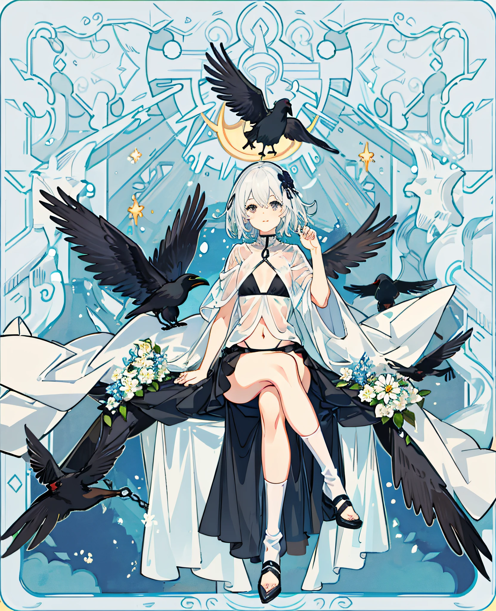 (Masterpiece), (Best quality), full bodyesbian,Simple background,Sitting,
1girll,Shiny hair,White hair,feathers hair ornament, White cloak, ((See-through)),navel,Light smile,
plant, flower, full_Moon,detective theme,((black sock)), ((crow)),Chains,废墟,
1 gir, in flower,black_Bikini,1girl in flower ,navel,