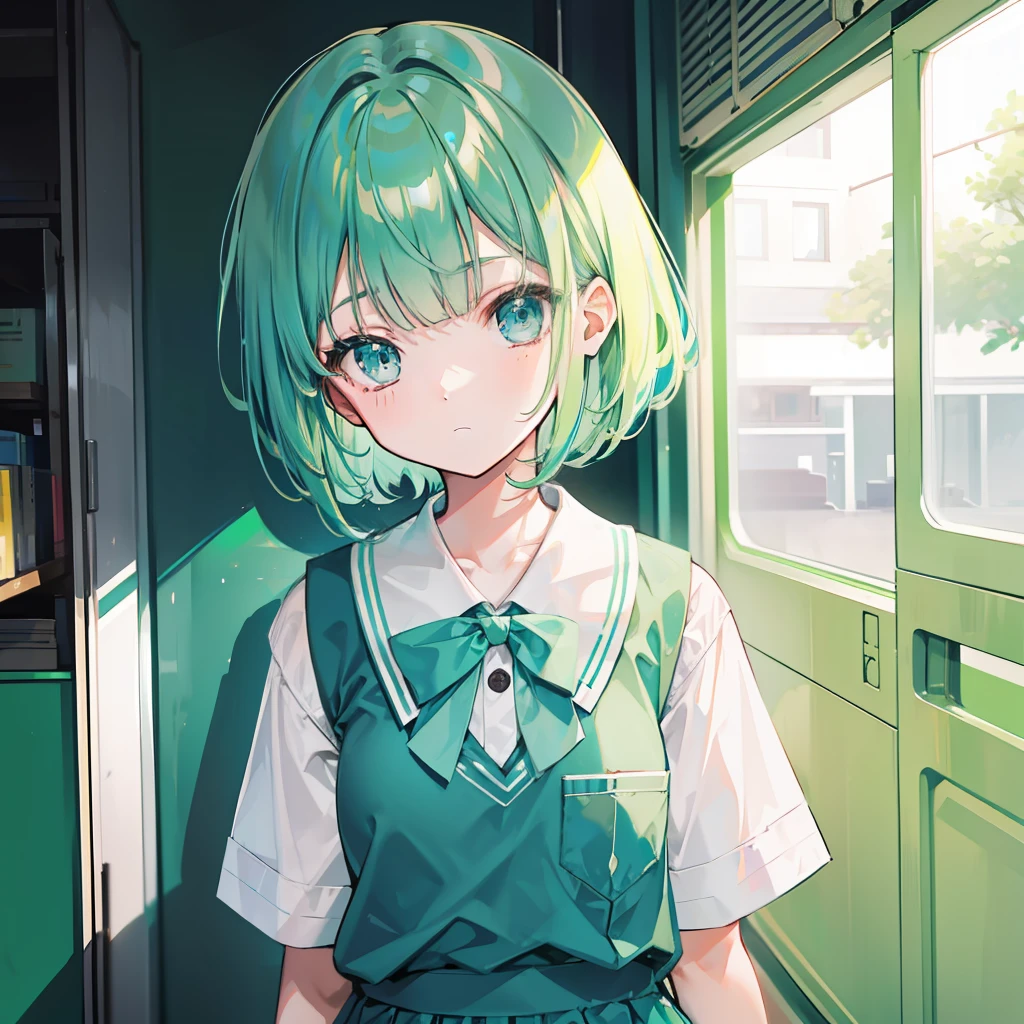 Short green-blue hair and flush bangs,Light green with white school uniform soft girl,It's a cute li,Binary numeric functionality