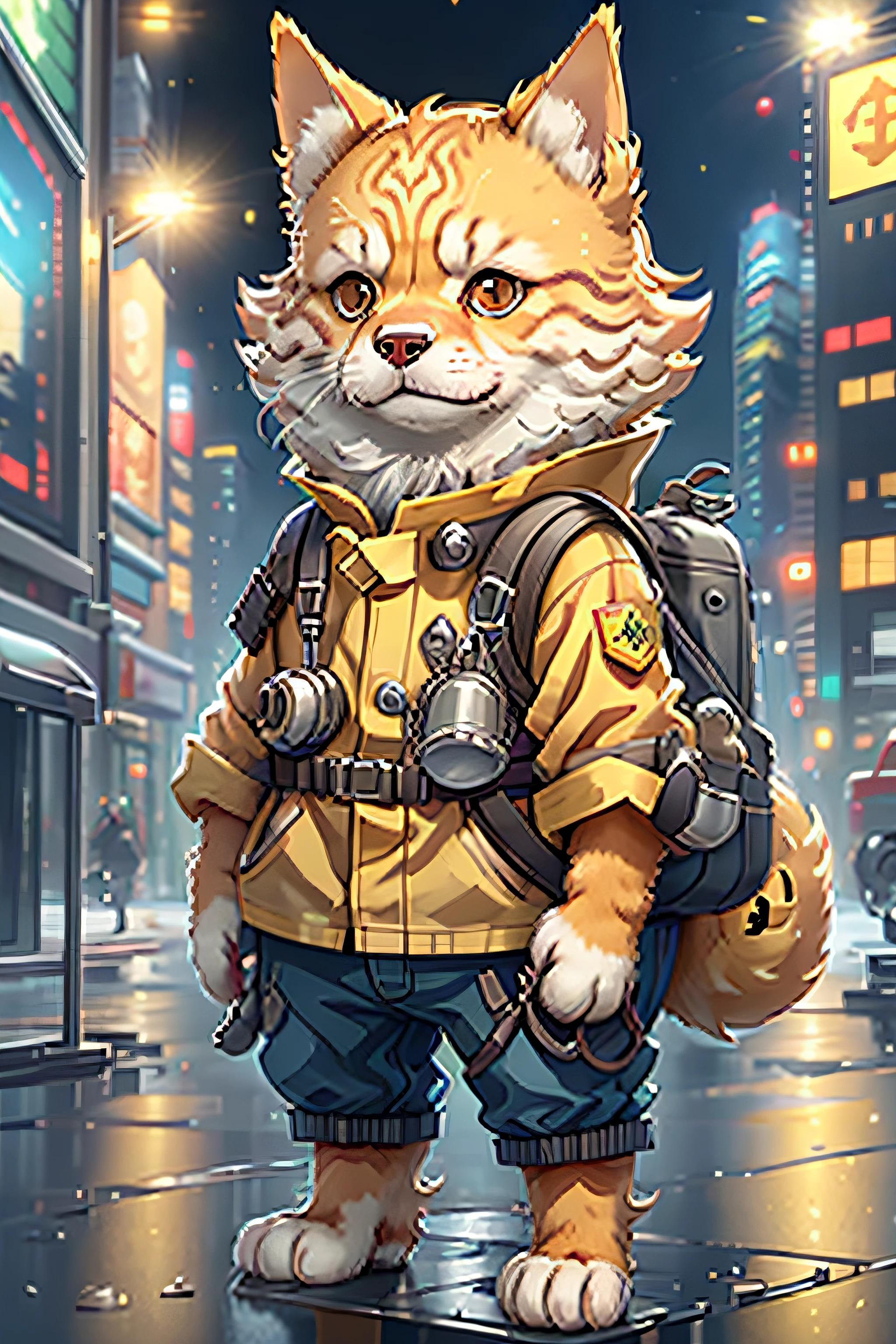 🐶Cute yellow look,Dressed in a firefighter costume,side portrait,Blind box toy style,skyscraper background。Full body like