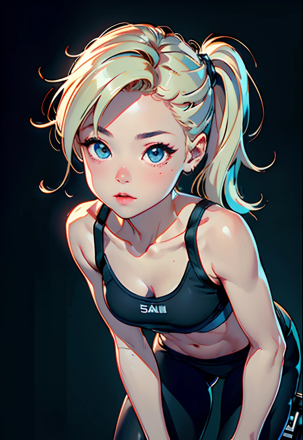 (Realistic photos taken in a dark studio)、(Medium Full Body Shot)、(Bike in the gym)、Sports Leggings、Sports Bra、beautiful and detailed face、super model、(Skinny and well-fitted body:1.1)、tiny chest、de pele branca、detailed long blond hair、Thick makeup、(Realistic glowing skin)、​masterpiece、top-quality、high - resolution scan、(Canon 5d、Photo with 50mm ZEISS lens)、hourglass proportions、(8k uhd、hdr、dof )、(Professional color grading)、foco nítido、Rim Lighting、dim lighting、two tone lighting、dark、