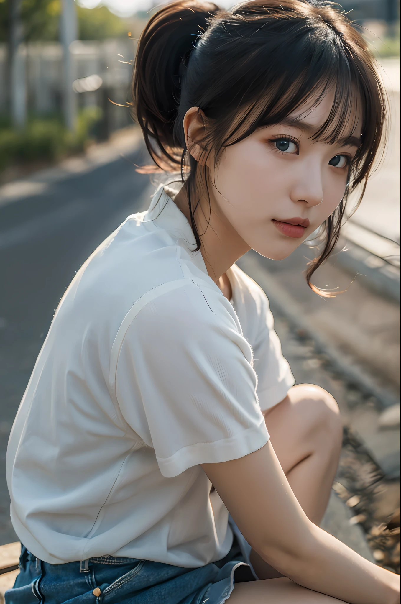 (highest quality, hight resolution, masterpiece:1.3) dusk, sunset, A girl, 19years old, short cut, ponytail, white shirt, White sneakers, denim miniskirt, realisitic, ultra-detailliert, Slimed, BREAK Sitting on the riverbank, with her cheeks in her hands, upper body, face focus, Look at viewers, A dark-haired, blue eyes, BREAK dynamic light and shadow, hight resolution, foco nítido, depth of fields, A detailed eye