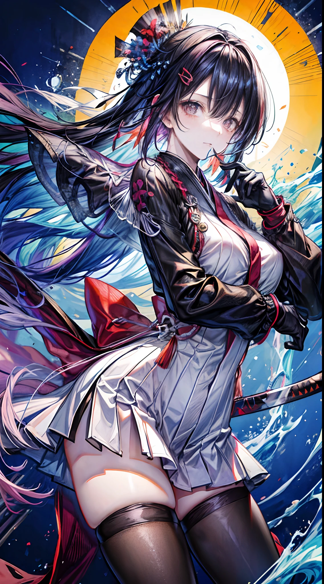 Colorful, Best Quality, masutepiece, hight resolution, Original, highly detailed wallpaper,1girl in, Bangs, Black_hair, breasts, Closed_Mouth, gloves, hair_ornament detached, Holding a Japan sword in his right hand, katanas, long_hair, long_sleeves, up looking_で_viewer, Multicolored_hair, scabbard, Solo, unsheathing, The upper part of the body_Body, ,Perfect_Hands,Honggui