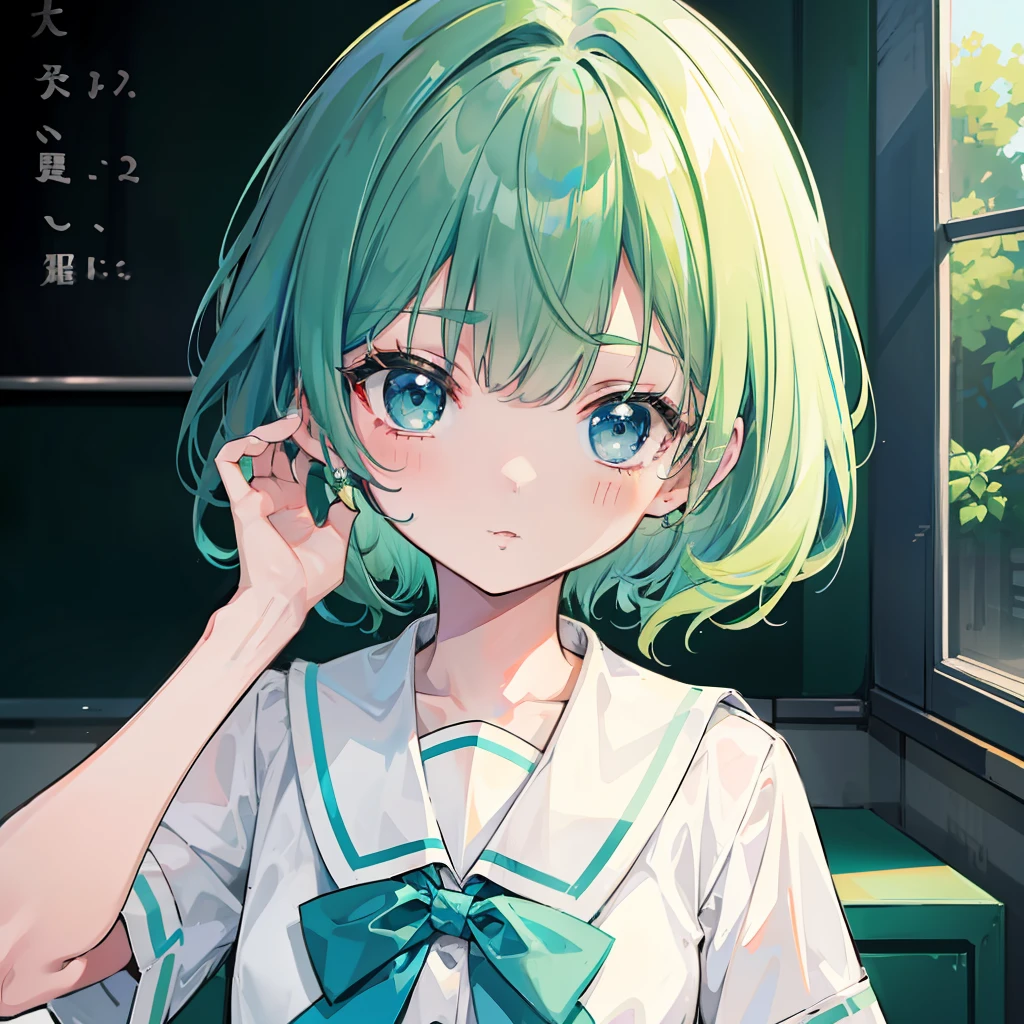 Short green-blue hair and flush bangs,Light green with white school uniform soft girl,It's a cute little loli,Binary numeric functionality