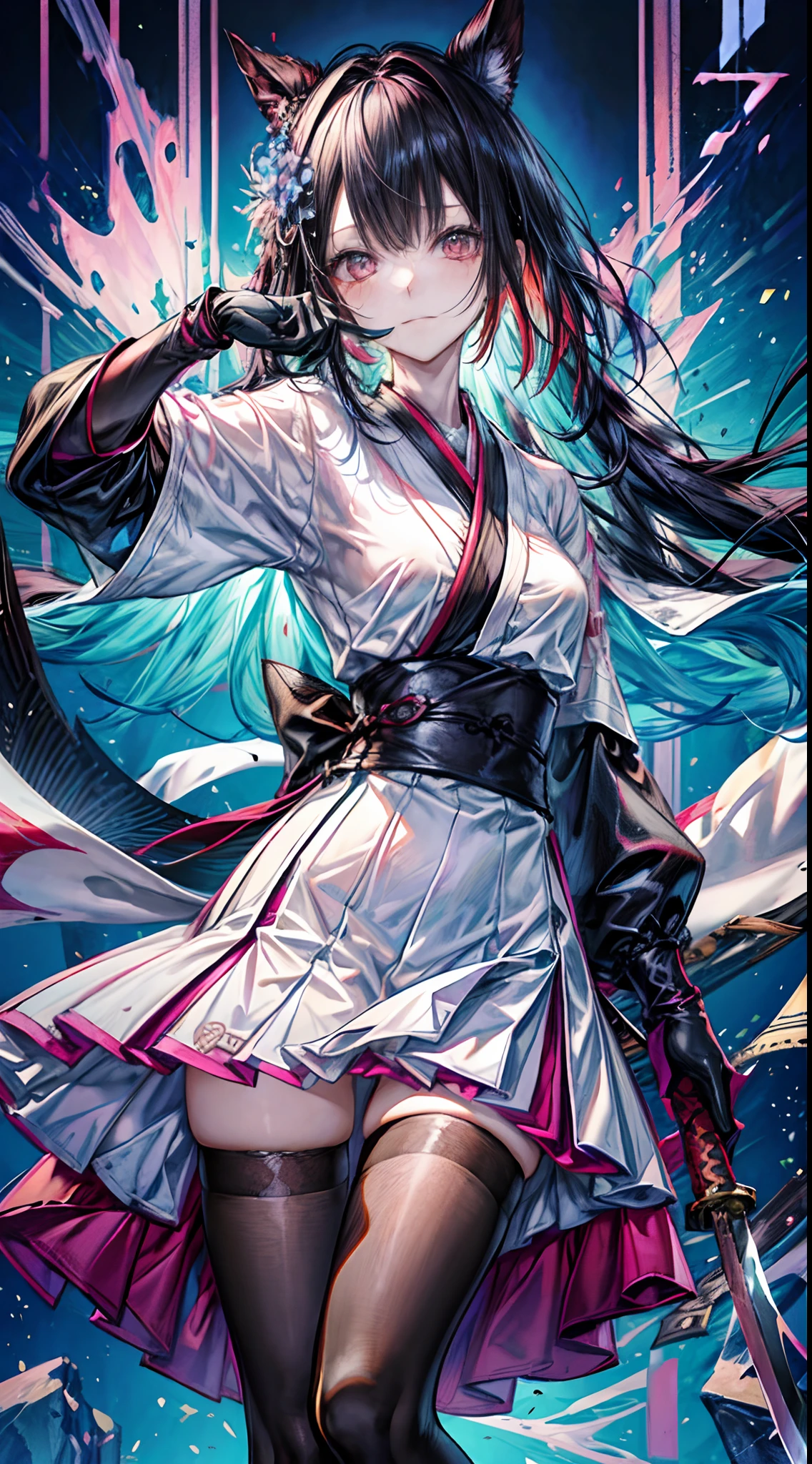 Colorful, Best Quality, masutepiece, hight resolution, Original, highly detailed wallpaper,1girl in, Bangs, Black_hair, breasts, Closed_Mouth, gloves, hair_ornament detached, Holding a Japan sword in his right hand, katanas, long_hair, long_sleeves, up looking_で_viewer, Multicolored_hair,  scabbard, Solo, unsheathing, The upper part of the body_Body, ,Perfect_Hands,Honggui