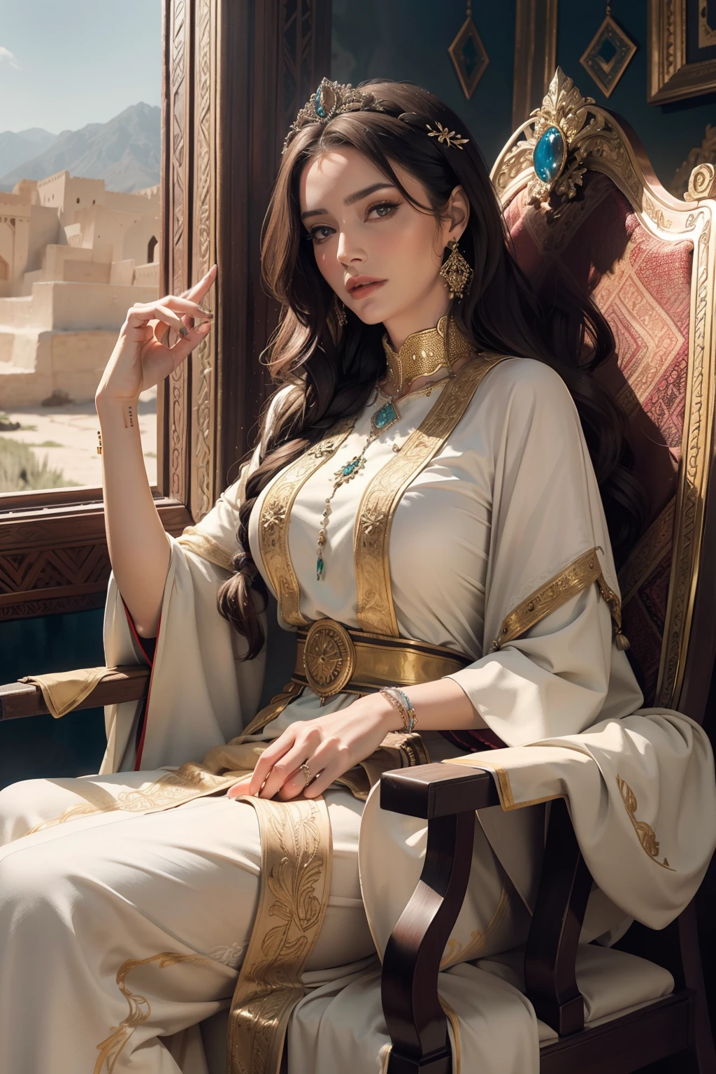 Mature woman face super detailed hyper realistic masterpiece wears a full caftan outfit sitting in a large throne legendary Moroccan environment