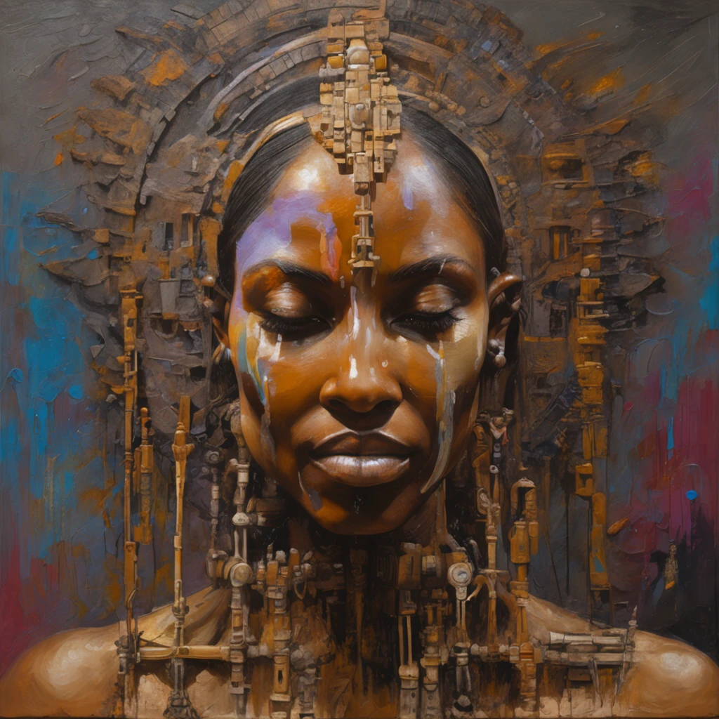 Best quality, Masterpiece, 超高分辨率, (photograph realistic:1.4),brown skinned Indian cybernetic humanoid goddess ,surrealism, Dream-like, fusionart, Indian goddess mystical humanoids, dark ethereal magic, humanoid dream control, cybernetic stealth, shadow step, dark machine spells, crystal razor blad