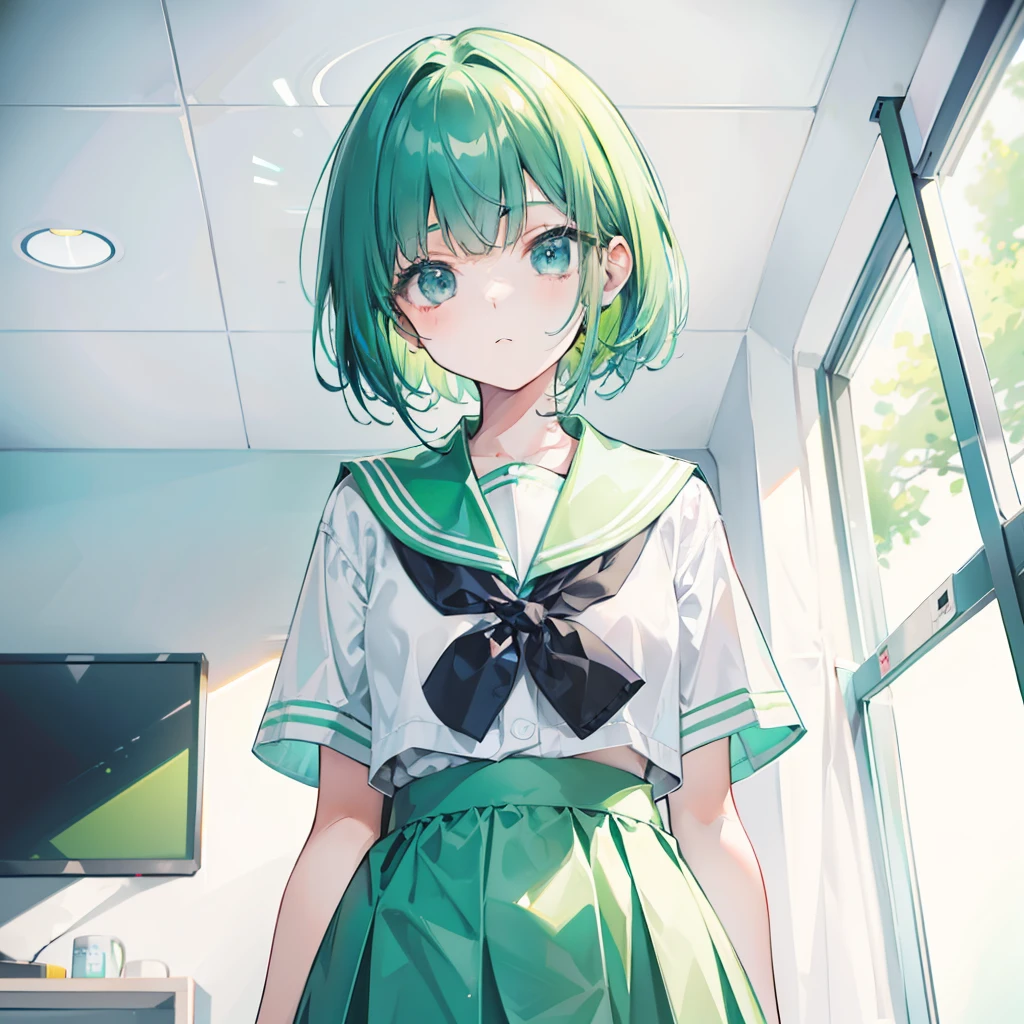 Short green-blue hair and flush bangs,Light green with white school uniform soft girl,It's a cute little loli,Binary numeric functionality