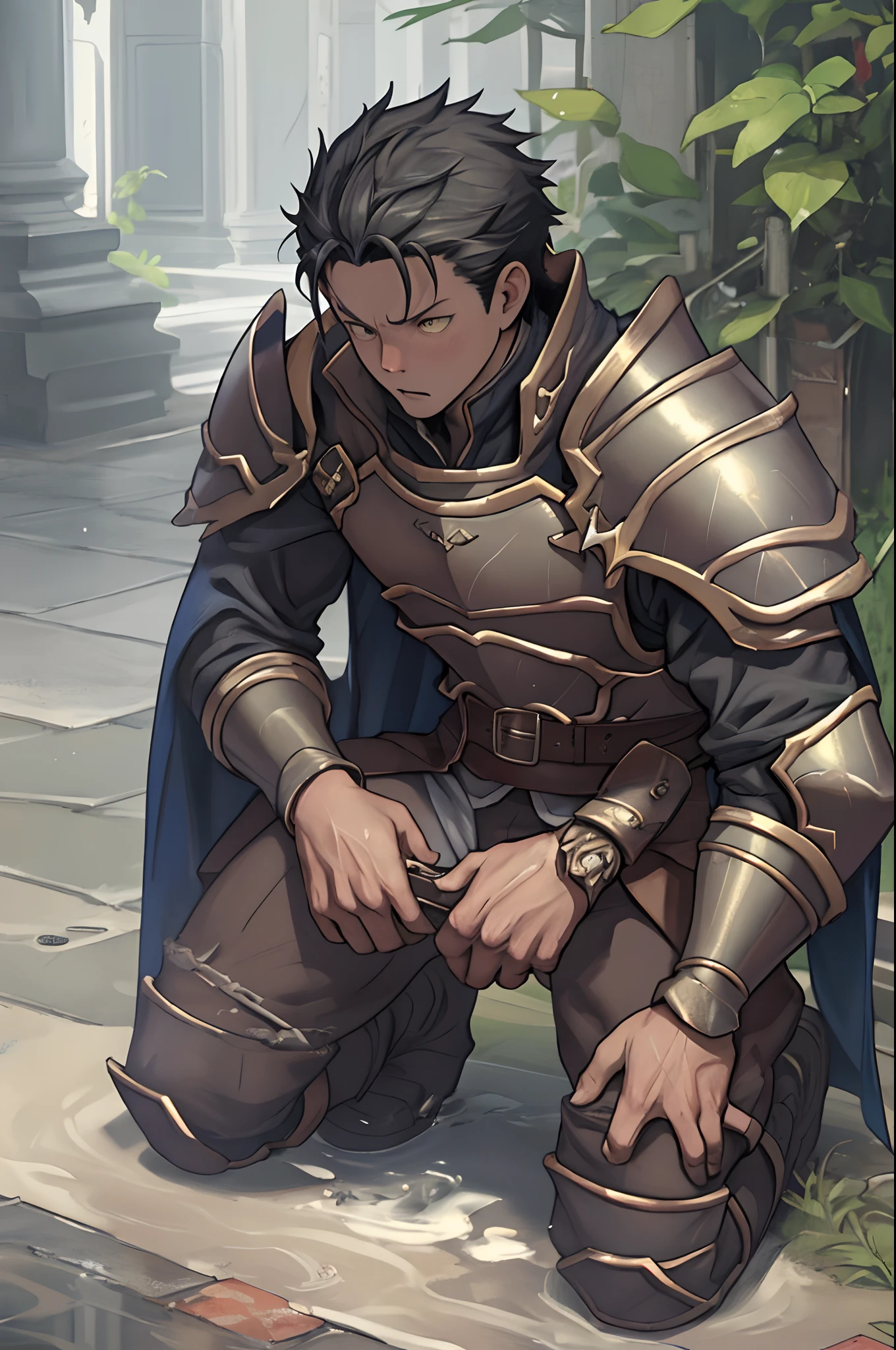 （1 Adult male），A high resolution， Sharp focus， Pixiv masterpiece， （（Complicated details））， highly  detailed， natsuki_subaru， 1 man，Wear tight combat uniforms，Wear armor，perfect male figure，Urine on the trouser leg， Nervously bow your head，is shy，embarressed，exhilarated，is shocked，panicking，worry，A pool of urine formed around him，Very eager to pee，Unbearable，Wet yourself，Urine discharge，full bodyesbian，kneels on the ground，Tired，decadent， Yellow eyes（eyes glowing）， Black hair short hair，Armour，Tie a belt，Cloaked，Cloak，Shoulder armor，perspire，Drenched，Get wet，pissing，urine flows down the pants，look from down