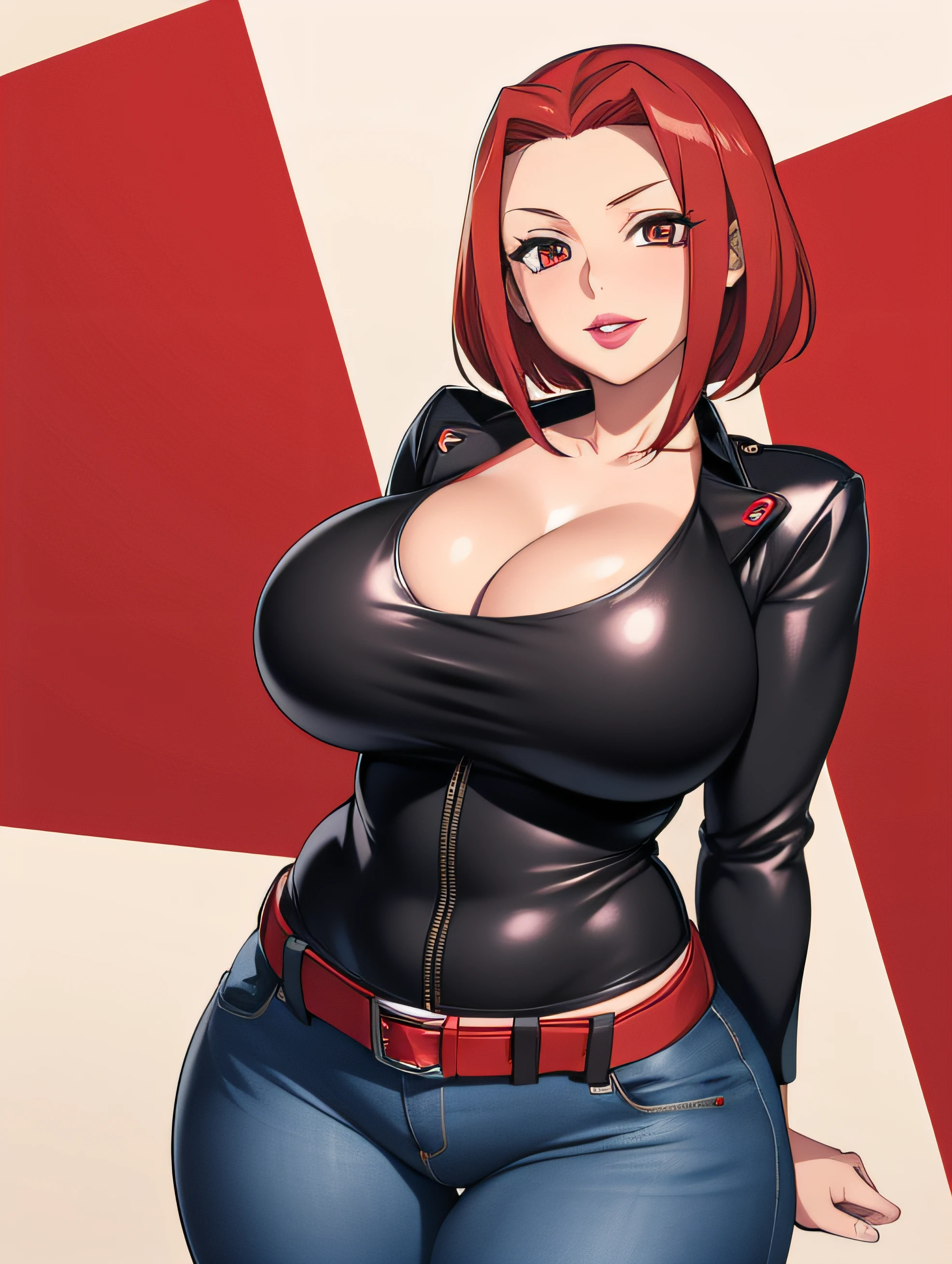 Code Geass, Kallen Stadfeldt 1girl, (((bimbo))), short red hair, puffy lips, painted lips, thick lips, wide hips, thick thighs, big breast, huge ass, revealing cleavage, erotic, Smile face, bubble butt, camel toe, Breasts, black leather jacket, white t shirt, blue jeans