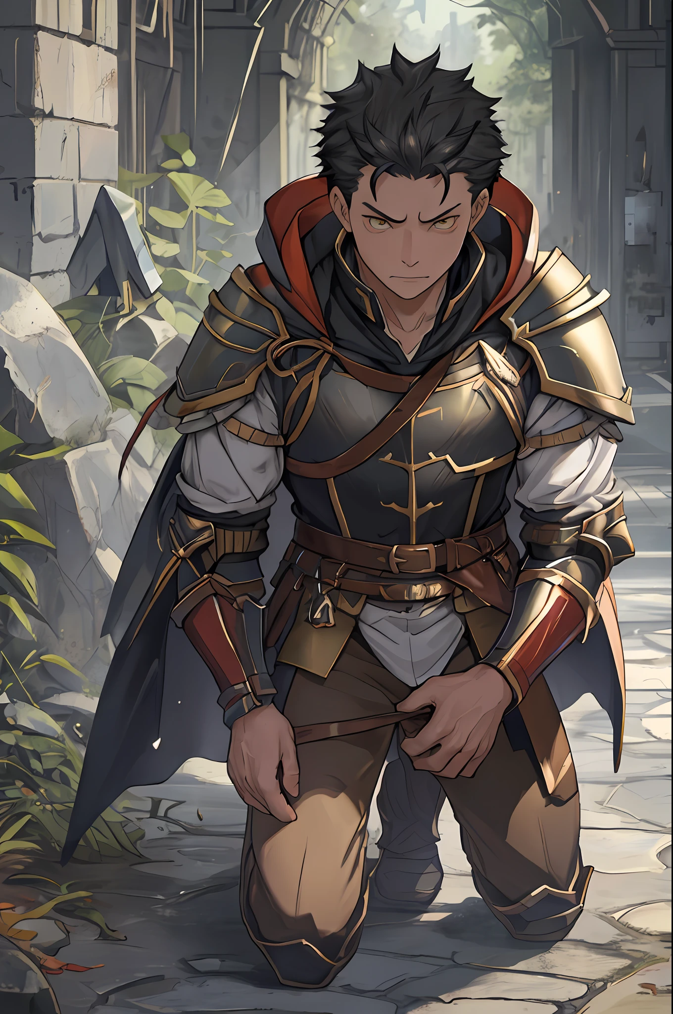 （1 Adult male），A high resolution， Sharp focus， Pixiv masterpiece， （（Complicated details））， highly  detailed， natsuki_subaru， 1 man，Wear tight combat uniforms，Wear armor，perfect male figure，Urine on the trouser leg， Nervously bow your head，is shy，embarressed，exhilarated，is shocked，panicking，worry，A pool of urine formed around him，Very eager to pee，Unbearable，Wet yourself，Urine discharge，full bodyesbian，kneels on the ground，Tired，decadent， Yellow eyes（eyes glowing）， Black hair short hair，Armour，Tie a belt，Cloaked，Cloak，Shoulder armor，perspire，Drenched，Get wet，pissing，urine flows down the pants，look from down