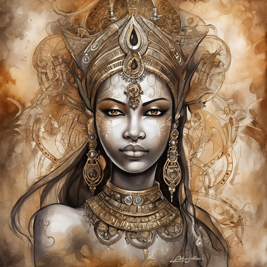 Best quality, Masterpiece, 超高分辨率, (photograph realistic:1.4),brown skinned Indian cybernetic humanoid goddess ,surrealism, Dream-like, fusionart, Indian goddess mystical humanoids, dark ethereal magic, humanoid dream control, cybernetic stealth, shadow step, dark machine spells, crystal razor blade