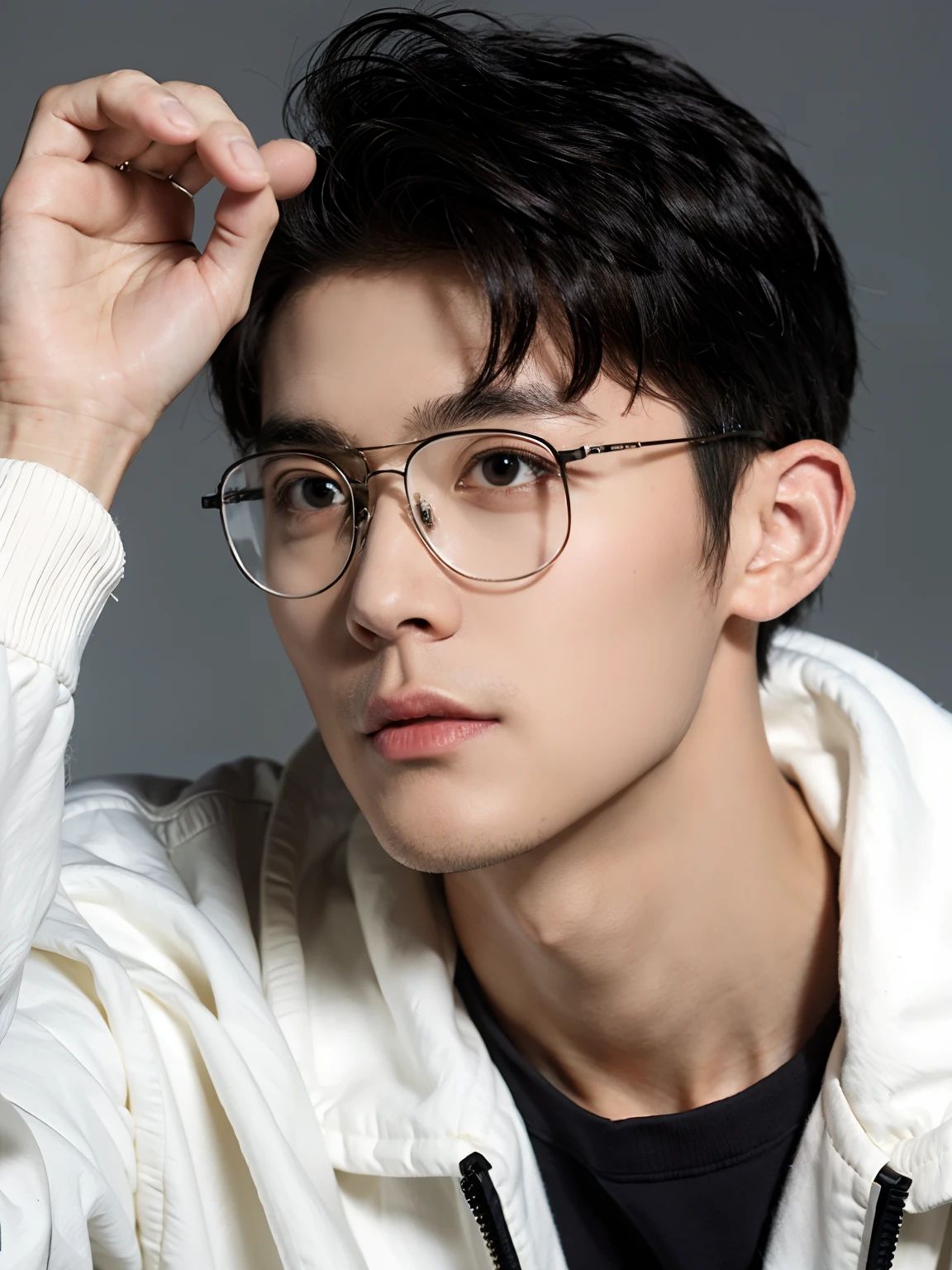 Change to male，cool guy，Face to the right，Wear glasses and a hooded sweatshirt，Avatar photo，Close-up，