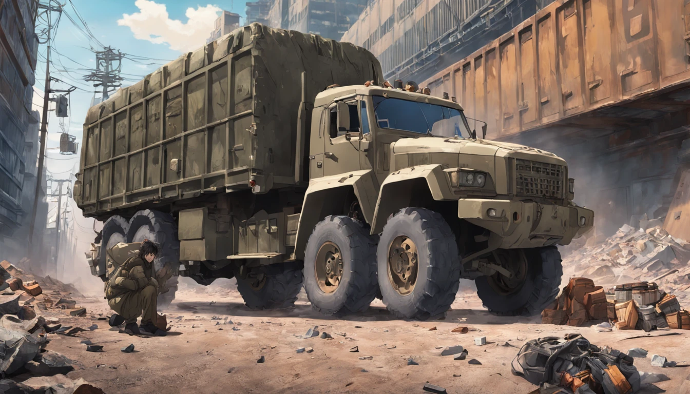 Mature man in post-apocalyptic surroundings, tan, brutality, military ammunition, truck driver, 4k, hyper-realistic photo, high detail