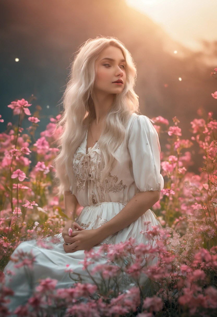 （tmasterpiece，best qualtiy），Animate，1 girl with long white hair sitting in a field of greenery and flowers，her hand under her chin，warmly lit，white dresses，Blurred foreground