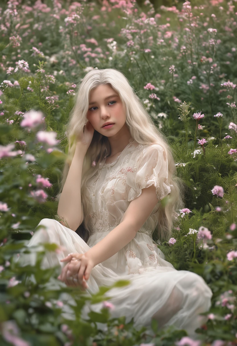 （tmasterpiece，best qualtiy），Animate，1 girl with long white hair sitting in a field of greenery and flowers，her hand under her chin，warmly lit，white dresses，Blurred foreground