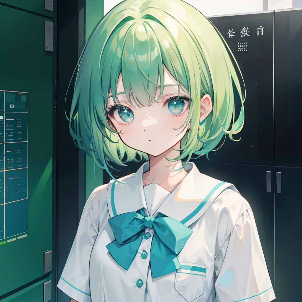 Short green-blue hair and flush bangs,Light green with white school uniform soft girl,It's a cute little loli,Binary numeric functionality