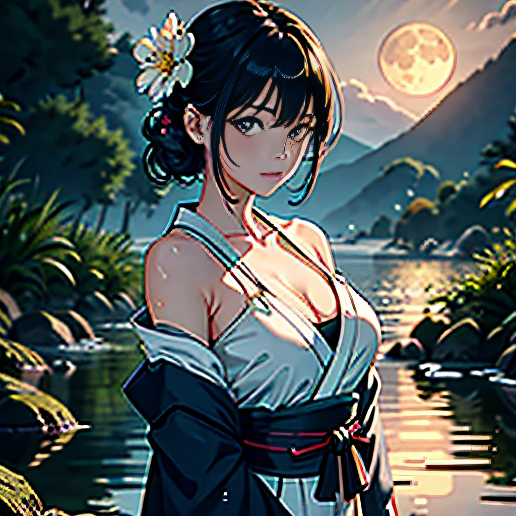 1girl, breasts, moon, lantern, night, solo, large breasts, hair ornament, wet, kimono, japanese clothes, wading, water, hair flower, flower, outdoors, sky, full moon, rain, black hair, off shoulder, mountain, cloud, holding, sash, bare shoulders, paper lantern, standing, white kimono, night sky, sideboob, obi, wet clothes, bangs, tree, from side, reflection, short hair, cloudy sky, wet hair (((masterpiece),(extremely detailed CG unity 8k wallpaper),best quality,,solo,1girl,cinematic lighting,detailed background,beautiful detailed eyes,bright pupils, (an extremely delicate and beautiful),(Beautiful and detailed eye description), ultra-detailed,masterpiece,)),