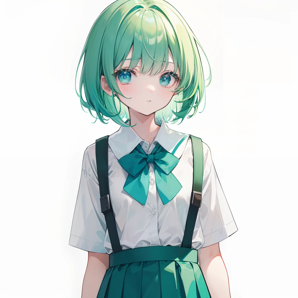 Short green-blue hair and flush bangs,Light green with white school uniform soft girl,It's a cute little ,Binary numeric functionality