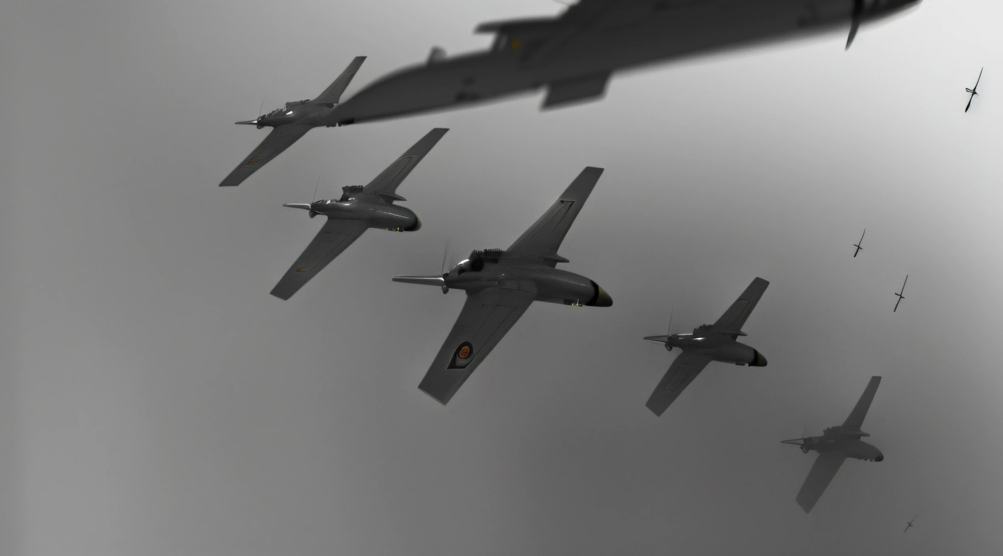 anime-style CG artwork of a squadron of flying military jets, elegantly escorting a powerful strategic bomber, in anticipation of an imminent battle. Numerous military aircraft soaring through the sky. Sci-fi ambiance.