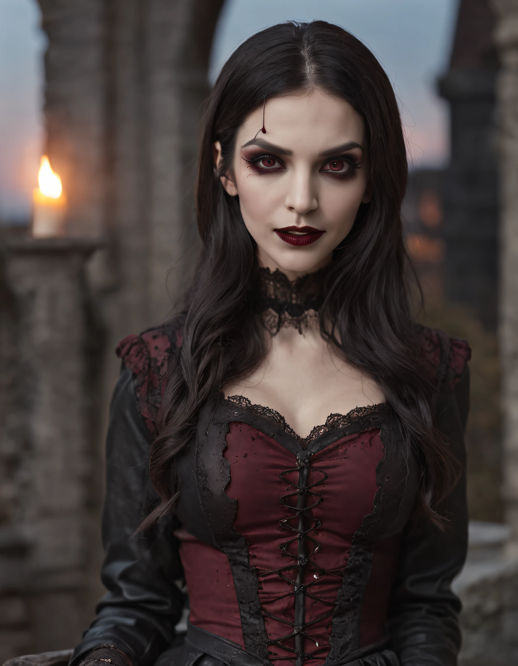 Hyper realistic portrait (1vampiregirl), 40years old, tan, wavy black hair, brown leather outfit, vampire girl, pointy teeth, old table, castle, sunset, 64k, vampire girl, scary, horror, bloody teeth, goth open-mouthed vampire teeth, angry blood-stained body