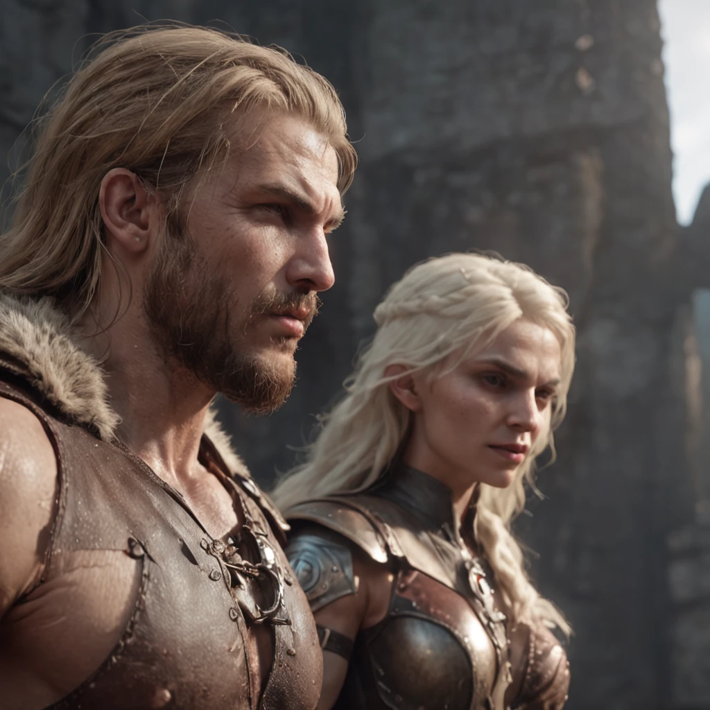 1 BLONDE MOTHER, 1  BLONDE SON. (professional 3d render:1.3) af (Realistic:1.3) most beautiful artwork photo in the world，Features soft and shiny male heroes, ((Epic hero fantasy muscle man rough wet hero angry look long hair short beard and ferocious expression in dynamic pose, Fantastic location, Majestic cluttered environment)), full body 8k unity render, action  shot, skin pore, very dark lighting, heavyshading, Detailed, Detailed face, (vibrant, photograph realistic, Realistic, Dramatic, Dark, Sharp focus, 8K), (Old leather garments damaged by weathering:1.4), ((((Wear fur)))), (Intricate:1.4), decadent, (Highly detailed:1.4), Digital painting, rendering by octane, art  stations, concept-art, smooth, Sharp focus, illustration, Art germ, (loish:0.23), wlop ilya kuvshinov, and greg rutkowski and alphonse mucha gracias, (Global illumination, Studio light, volumettic light), heavy rain, particles floating, lotr, fantasy, elf, full bodyesbian, ((Dark and ancient city background:1.3)),CGSesociety,art  stations