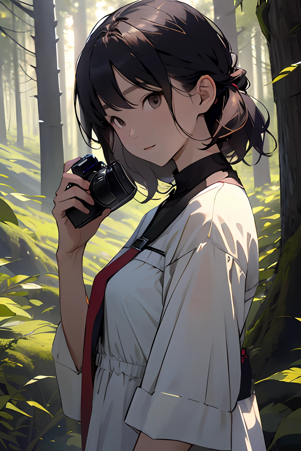 realisitic、Girl in the forest and sunshine, shorth hair, Nice hairstyle, Nice clothes、look at a camera