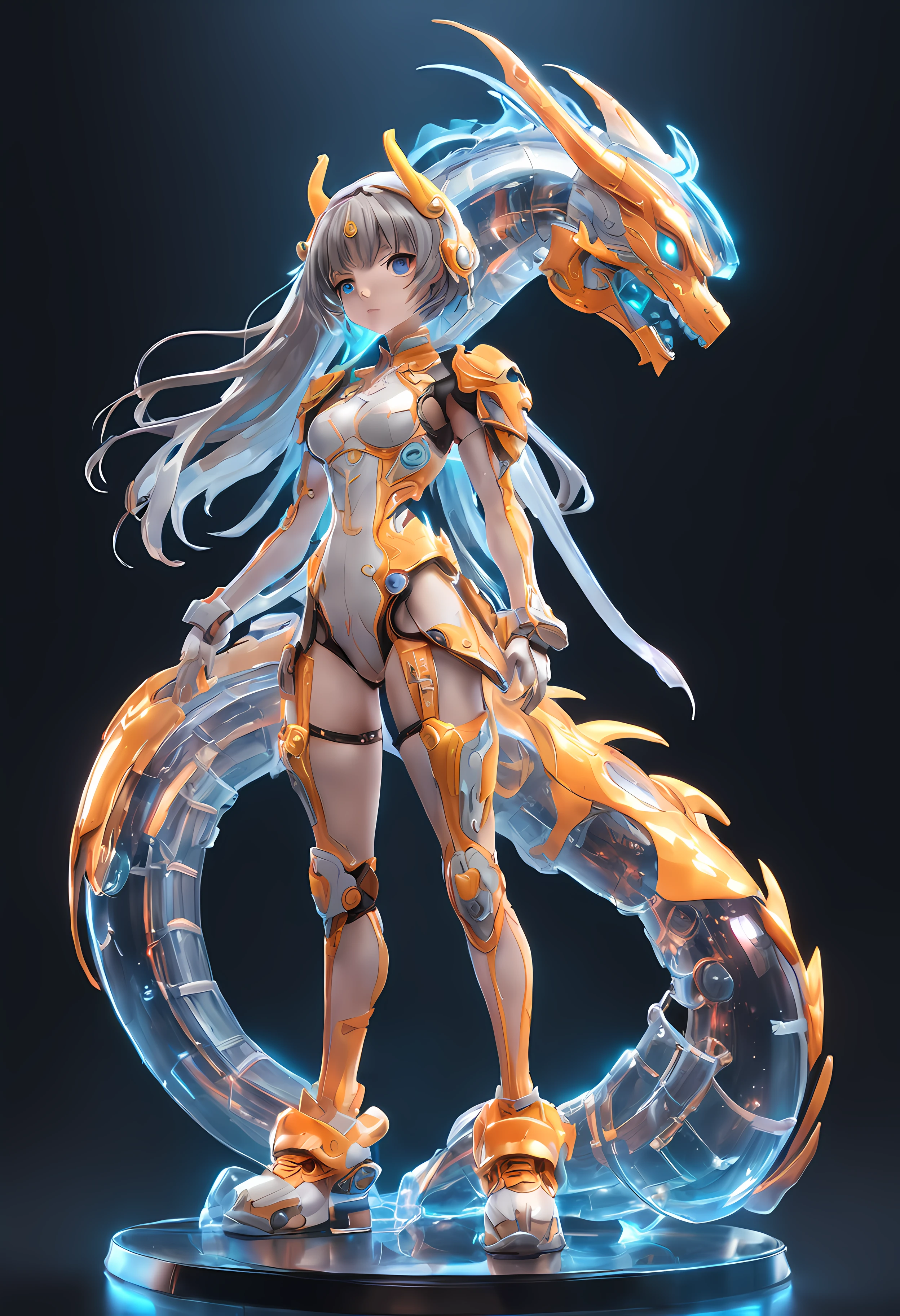 chinesedragon, (Blind box toy style:1.2), (Full body shot) , 1 Transparent girl,Behind him is a transparent Chinese dragon, Transparent mech, Exquisite helmet:1.2, Luminous goggles:1.2, Cyberpunk, dreamy glow, luminous neon lights, Clean, White background, ( Global illumination, Ray traching, hdr, unreal render,reasonable design, high detal, Masterpiece, Best quality, hyper HD, Cinematic lighting)