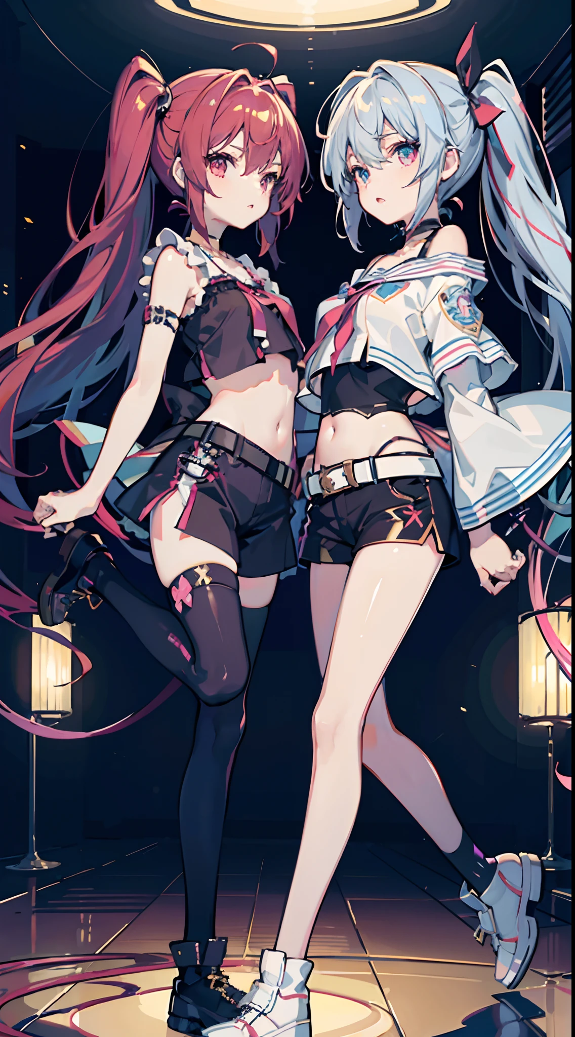 ,twins, Masterpiece,Best quality,offcial art,Extremely detailed Cg Unity 8K wallpaper, 2girls, cute female , Yuri, hair adornments, Short shorts, Crop top, Pantyhose, ribbon_choker necklace, leg belt,