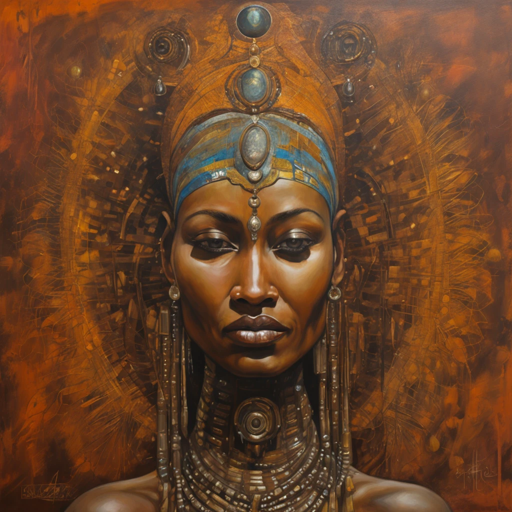 Ghotic woman afro cut with big bare breasts and piercing on the nipples of gold chains