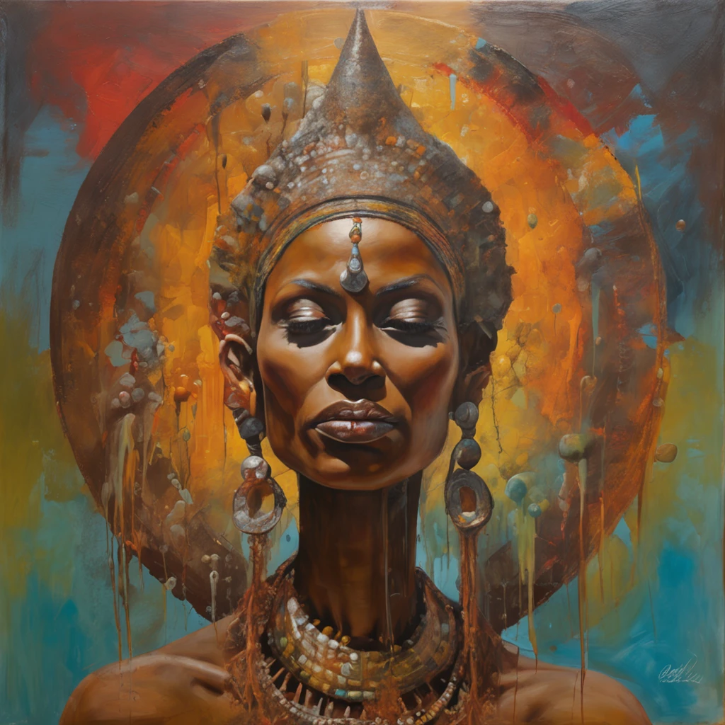 ultra-detailed, high ((best quality)), ((art)), majestic and intricately detailed smooth oil painting (beautiful woman,Nigerian, 1 arena fighting with a lion,muscular body, graceful,sensuality, orgasm, eroticism,tattoos afro all over the body, refined and elegant, cubism style, Salvador Dali style -ar 9:16 - v6