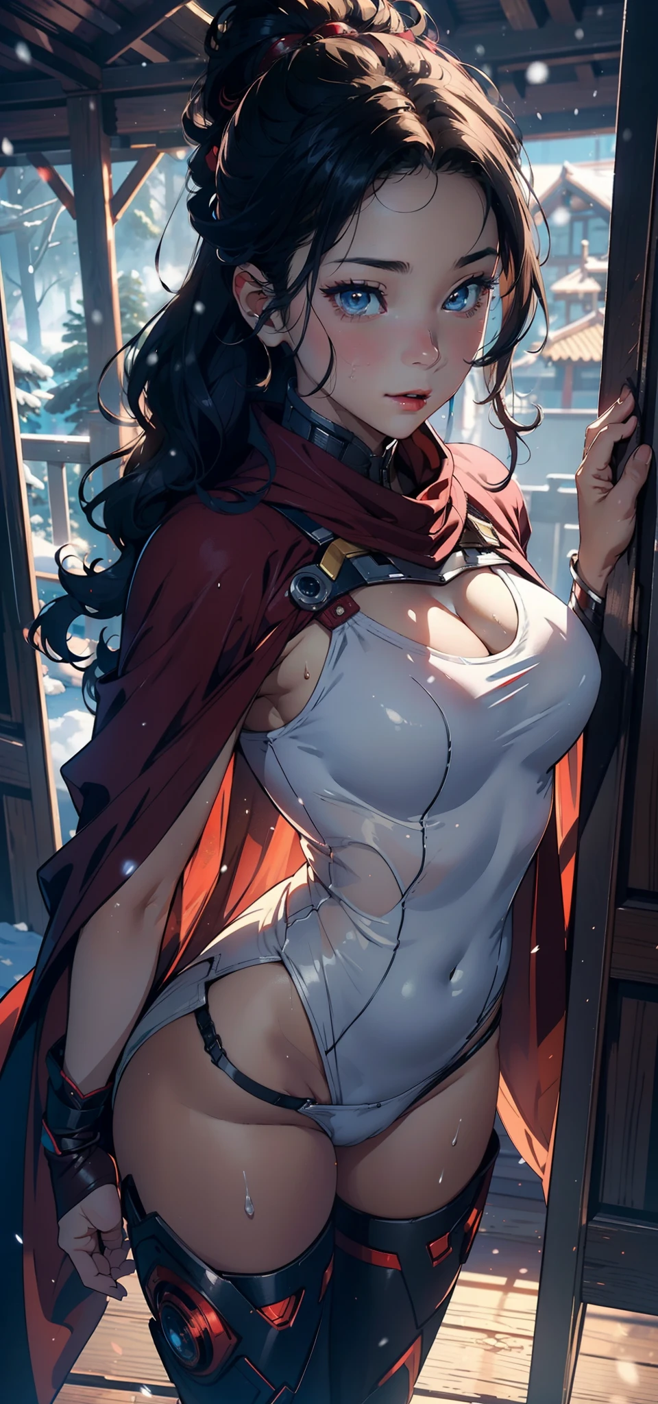 1female，，bit girl，super adorable，Small breasts，Pornographic exposure， 独奏，Wearing an Iron Man uniform，Red cape（Background with：coniferous forest，at winter season，Snow on the ground） Feel free to hairstyle， 比基尼，standing on your feet，Sweat profusely，drenched all over the body， curlies， mostly cloudy sky，（（（tmasterpiece），（Very detailed CG unity 8K wallpaper），best qualtiy，cinmatic lighting，detailed back ground，beatiful detailed eyes，Bright pupils，（Very fine and beautiful），（Beautiful and detailed eye description），ultra - detailed，tmasterpiece，）），face to the viewer，A high resolution，ultra - detailed）scifi style，revealing breasts，Bare genitalia， Bulge，Camel toes，Raised sexy，Flushed complexion，Open-mouthed，Front upper body，