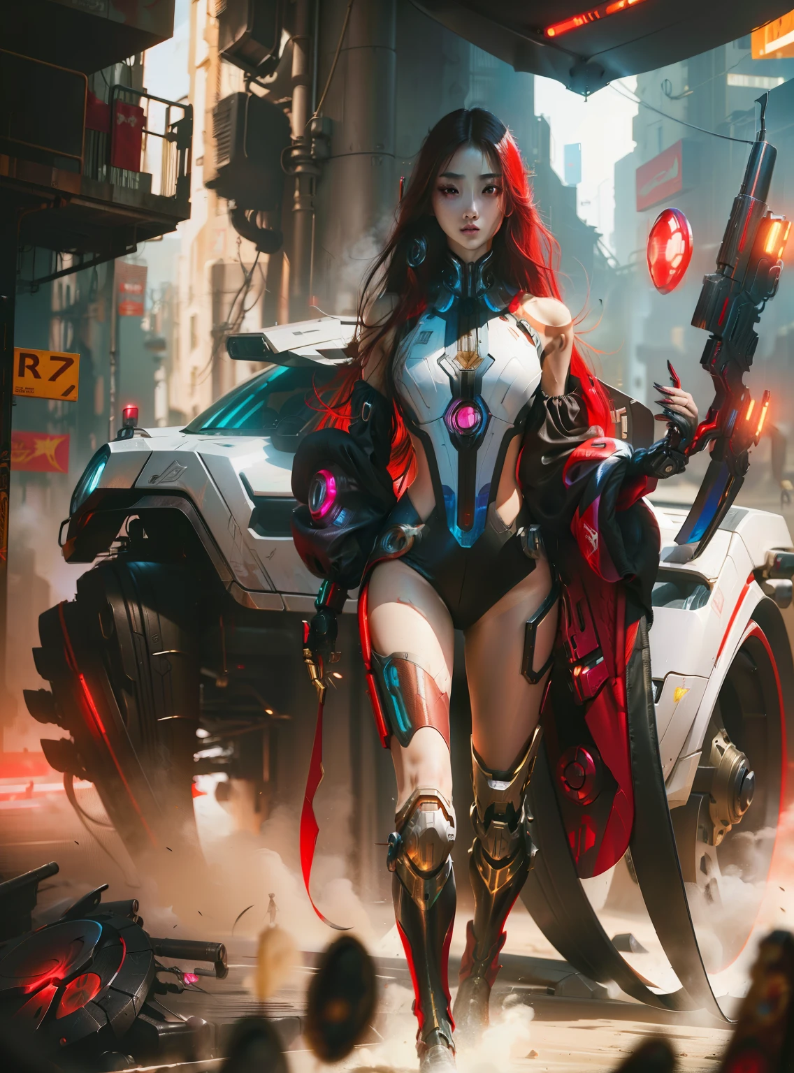 Masterpiece, Best Quality, Girls , Slender, red Eyes, Hair Color, Iridescent, mech body, Long Hair Spreading, cyberpunk guns , White Skin, Medium, Cute, Sexy, Exposed Skin, Night, Psychedelic, Trip, Extreme Color, Paisley Theme, Legs, , Full Body