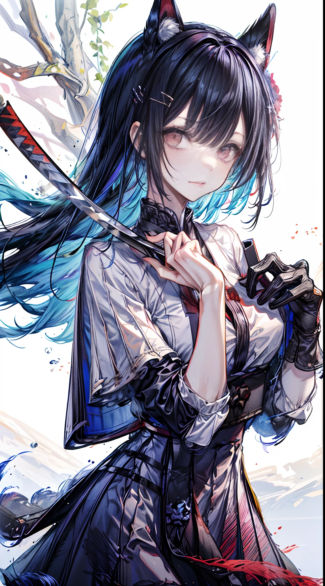 Eighteen-year-old girl,High ponytail,Pointed chin,blue skirts,Katana in hand,Blood on the face