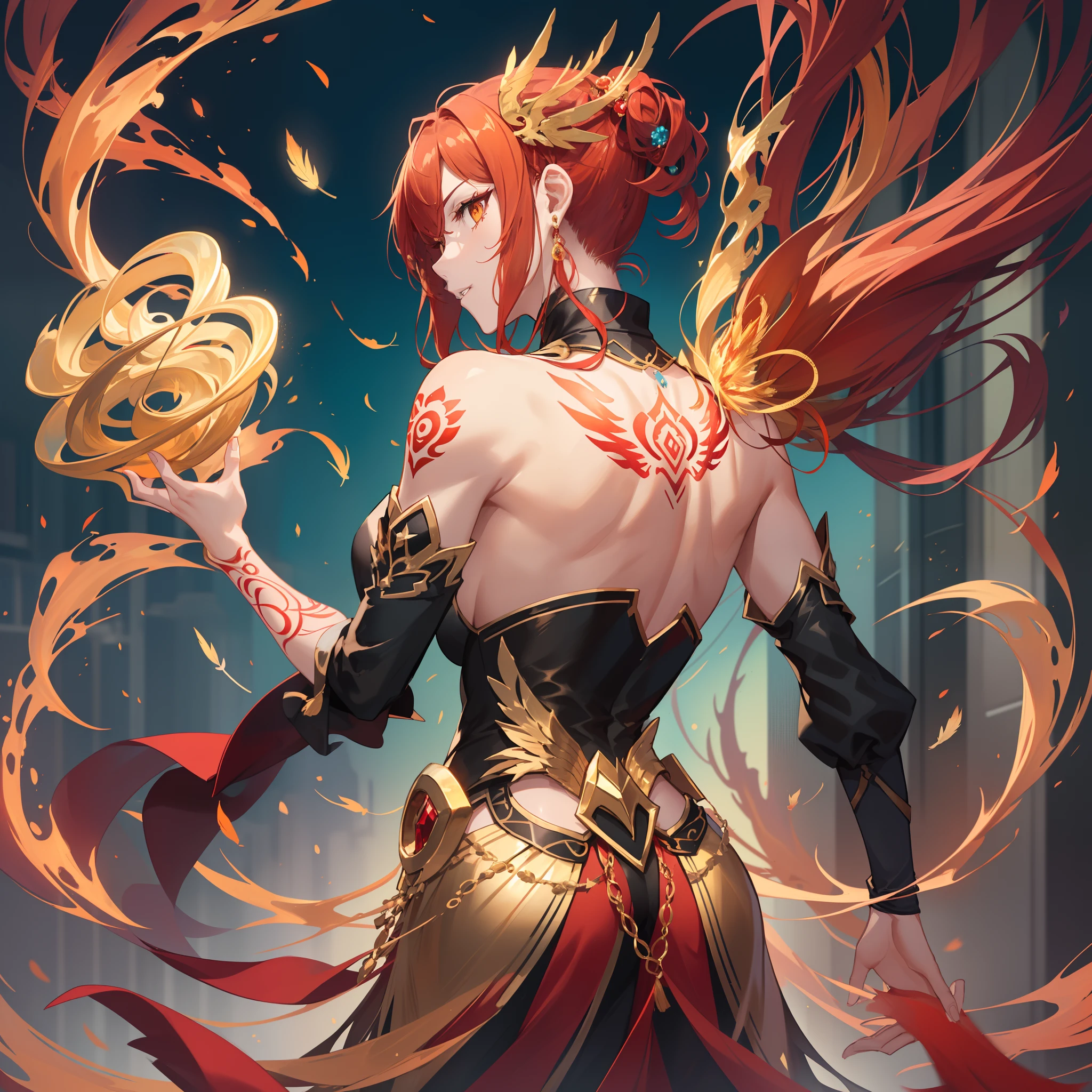 ((hair-color)) (Fiery bright orange and red gradient。)
((Eye color)) (Fiery ruby red。)
((skin)) (tanned bronze color。The skin is sprinkled with a fine golden shimmer。)
((Feather Accessories))behind the ears or on the arms,、Fiery feather accessories on the back。
((styles)) (Elegant and glamorous。an orange、reddish、Prefer golden outfits)
((stature)) (in the middle of the back,、Good posture and elegance。)
((The tattoo)) (Phoenix silhouette and flame pattern tattoo on arm and back。)
((Physique)) (slender but muscular,,。The movements are supple and elegant。)