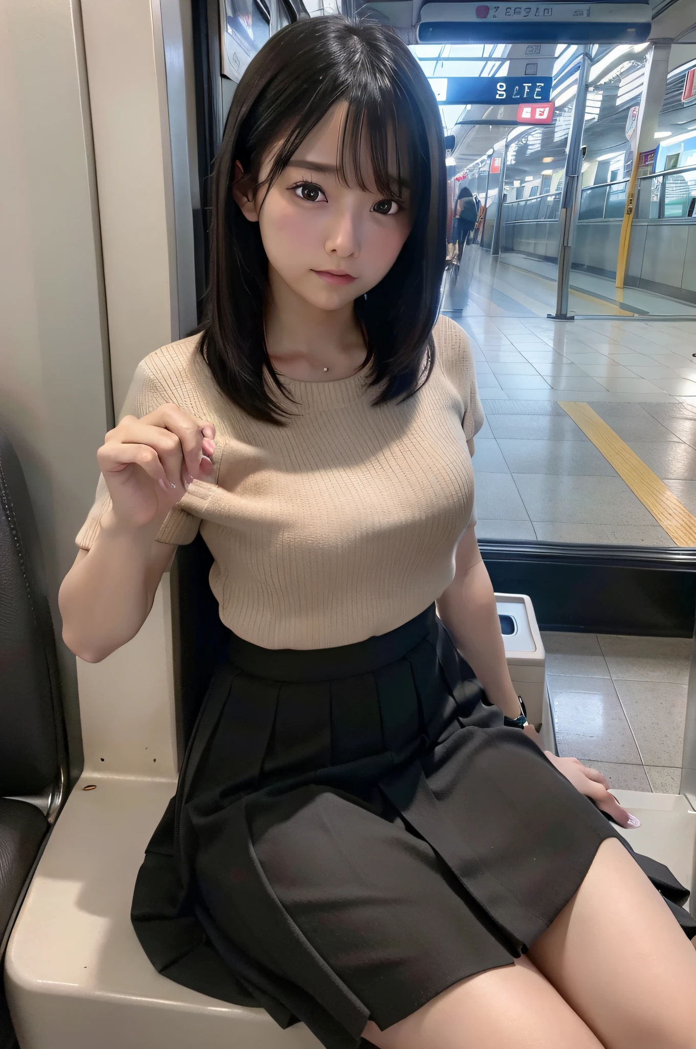 "(Masterpiece, High Definition, Ultra High Definition, 4K) Black hair, 14 years old Japan girl, uniform skirt, emphasizing thighs, white thighs, soft thighs, glossy thighs, sitting on the train, face-to-face angle, (angle from below),sitting in the train seat,Sitting in front,Zoom camera in the crotch,Feet on the train floor,Full body,Looking down and sleepy,Looking at the viewer only", best quality, ultra high definition, (photorealistic:1.4),, high resolution, detail, raw photo, sharp re, Nikon D850 film stock photo by Lee Jefferies 4 kodak portra 400 camera f1.6 lens rich colors hyper realistic lively textures dramatic lighting unreal engine artstation trends cinestir 800,