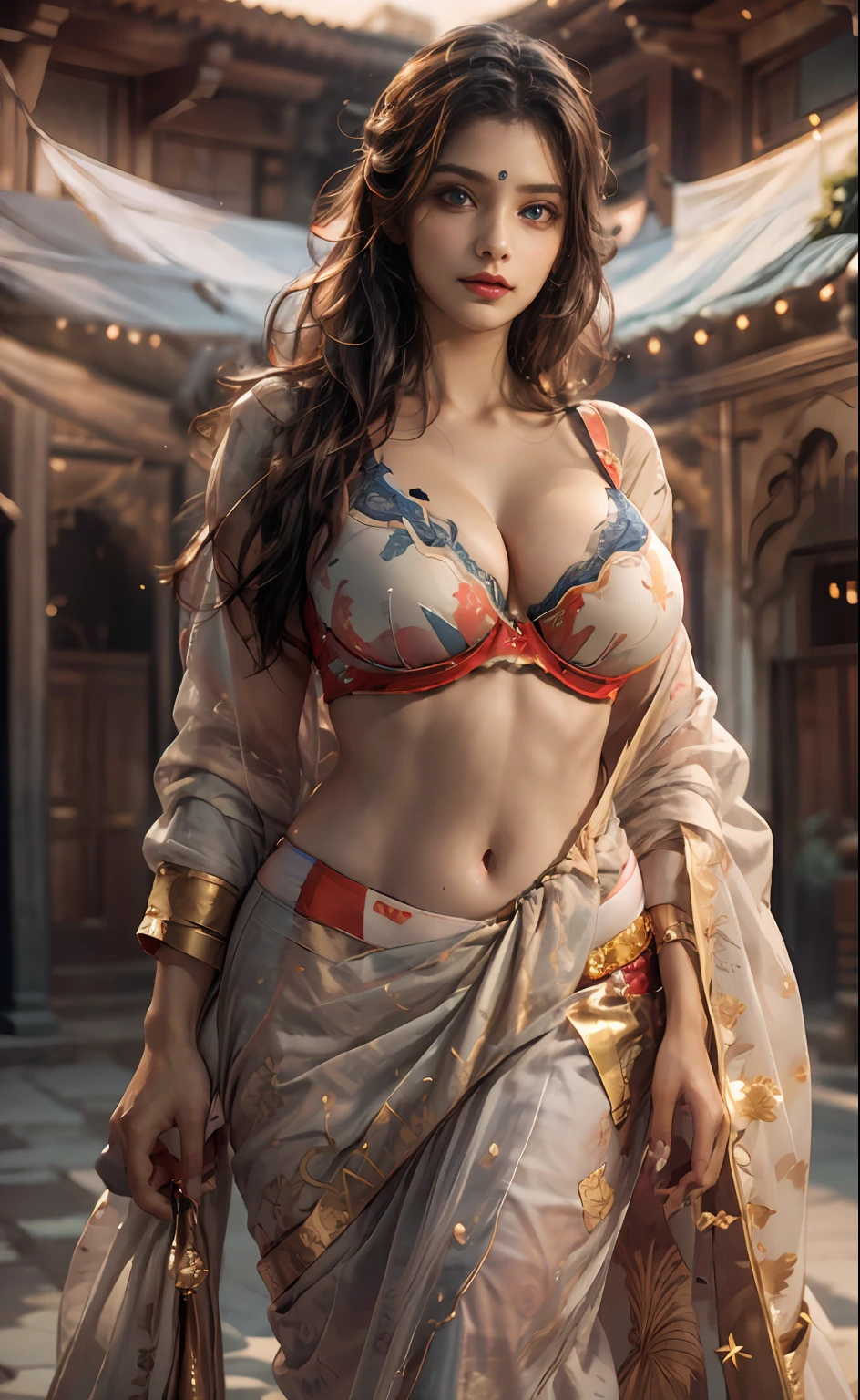 walking in a moonlit courtyard, exotic girl, indian, looking at the viewer, shining skin, perfect lighting, the embodiment of grace and elegance, (saree and bra), (Big Tits:1.5), cleavage, clear curvy details, beautiful curves, detailed eyes, detailed pupil, volumetric lighting, Ultra Detailed, unity 8k wallpaper, ultra detailed, aesthetic, masterpiece, best quality, photorealistic