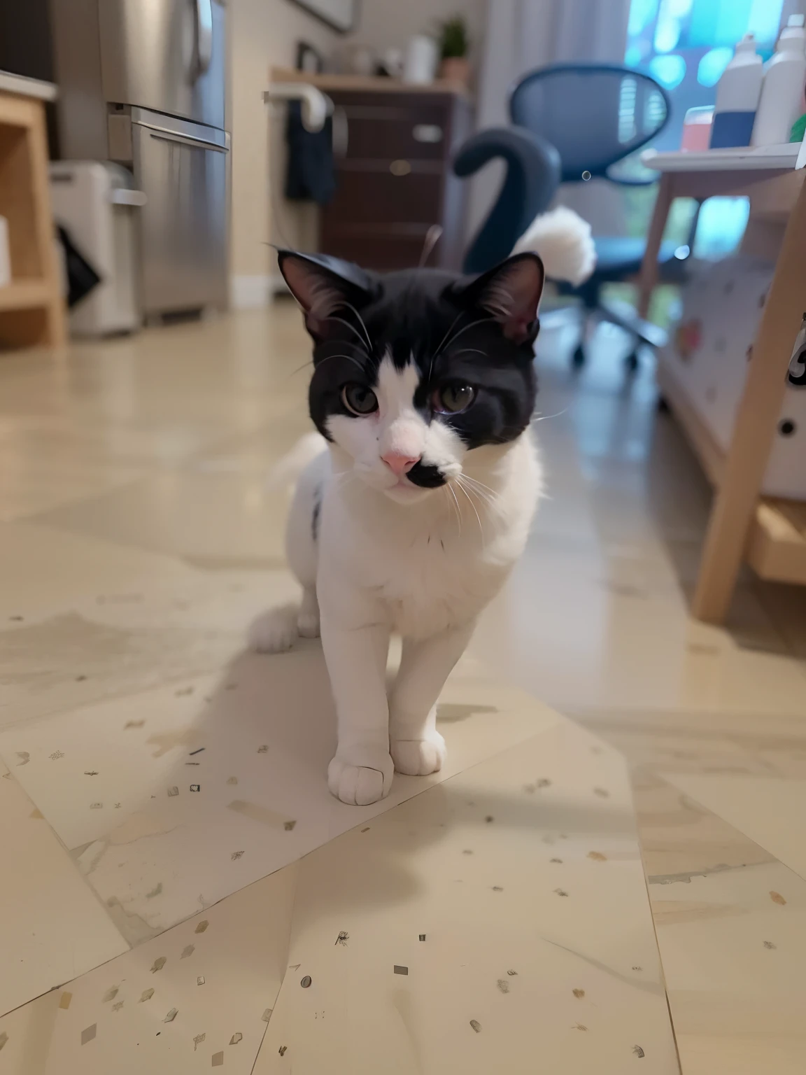 there is a black and white cat standing on the floor, Black and white cat, markings on his face, felix the cat, white with black spots, staring right into camera, staring right into camera, looking towards camera, very silly looking, A handsome, with pointy ears, Narrow nose, Mischievous!!, is looking at the camera