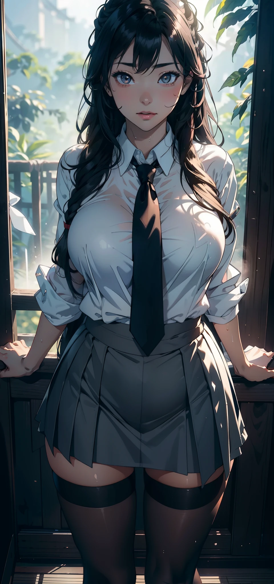 1female，25 age old，Large breasts，Pornographic exposure， 独奏，（Background with：ln the forest，the rainforest，In summer） with his long black hair，standing on your feet，Sweat profusely，drenched all over the body，seen from the front， curlies， mostly cloudy sky，（（（tmasterpiece），（Very detailed CG unity 8K wallpaper），best qualtiy，cinmatic lighting，detailed back ground，beatiful detailed eyes，Bright pupils，（Very fine and beautiful），（Beautiful and detailed eye description），ultra - detailed，tmasterpiece，）），facing at camera，A high resolution，ultra - detailed），revealing breasts，Bare genitalia， Bulge，Camel toes，Raised sexy，Flushed complexion，Open-mouthed，frontage，Japanese high school  girl（Wearing：White shirt，black necktie，JK skirt，Pantyhose）nakeness，high-heels