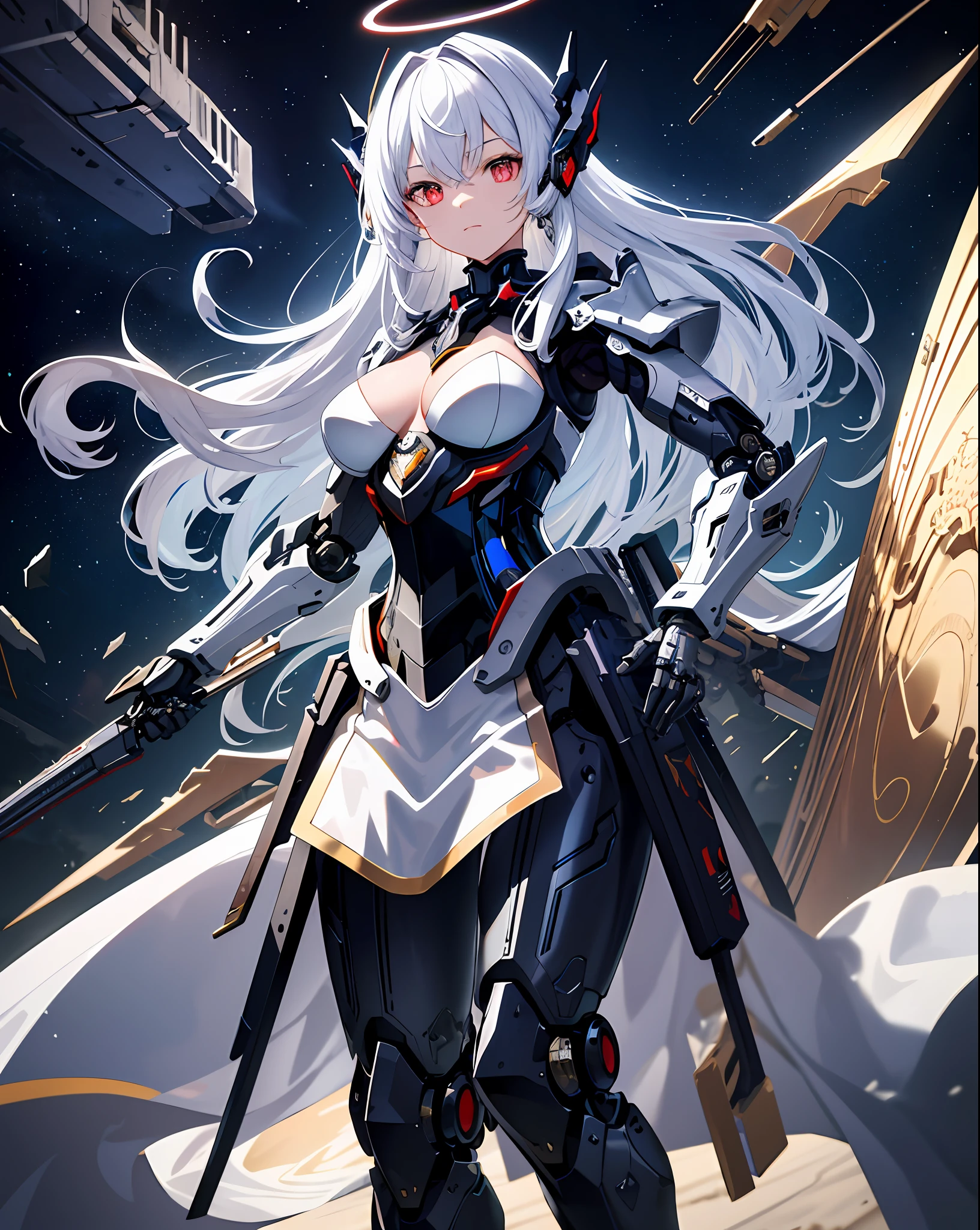 masterpiece,best quality,ultra-detailed,very detailed illustrations,extremely detailed,intricate details,highres,super complex details,extremely detailed 8k cg wallpaper,cowboy shot, caustics,reflection,ray tracing,demontheme,nebula,dark aura,cyber effect, (1girl:1.4),solo,alone,mecha musume,mechanical parts, robot joints,single mechanical arm, headgear, mechanical halo,star halo,intricate mechanical bodysuit, mecha corset, kimono, full armor, very long hair,white hair, hair between eyes, multicolored hair, colored inner hair, red eyes,glowing eye,eye trail, random expressions,random action, ancient japanese architecture,pond, starry sky,skyline,