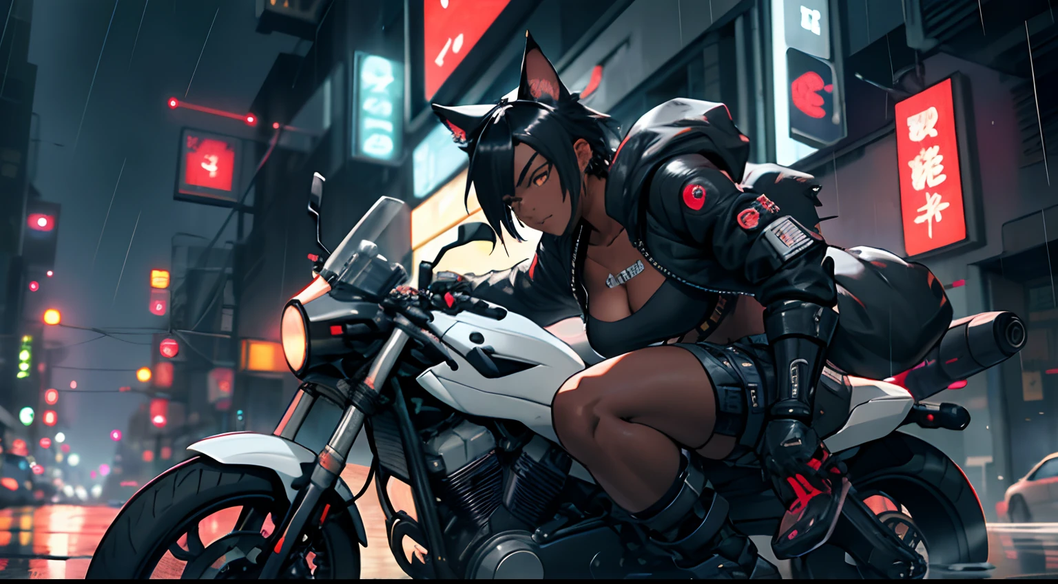 1girl, black hair, athletic, robot, samurai armor, animal ears, large assault rifle, colorful, kitana, ????, mystery, thick waist medium breast, muscular, tomboy, cyberpunk, nekomata, warrior, sexy outfit, looking at viewer, anime, realistic, rainy night city, dark skin, leaning next to motorcycle, with pet cat, black and white colors, high quality, non distorted