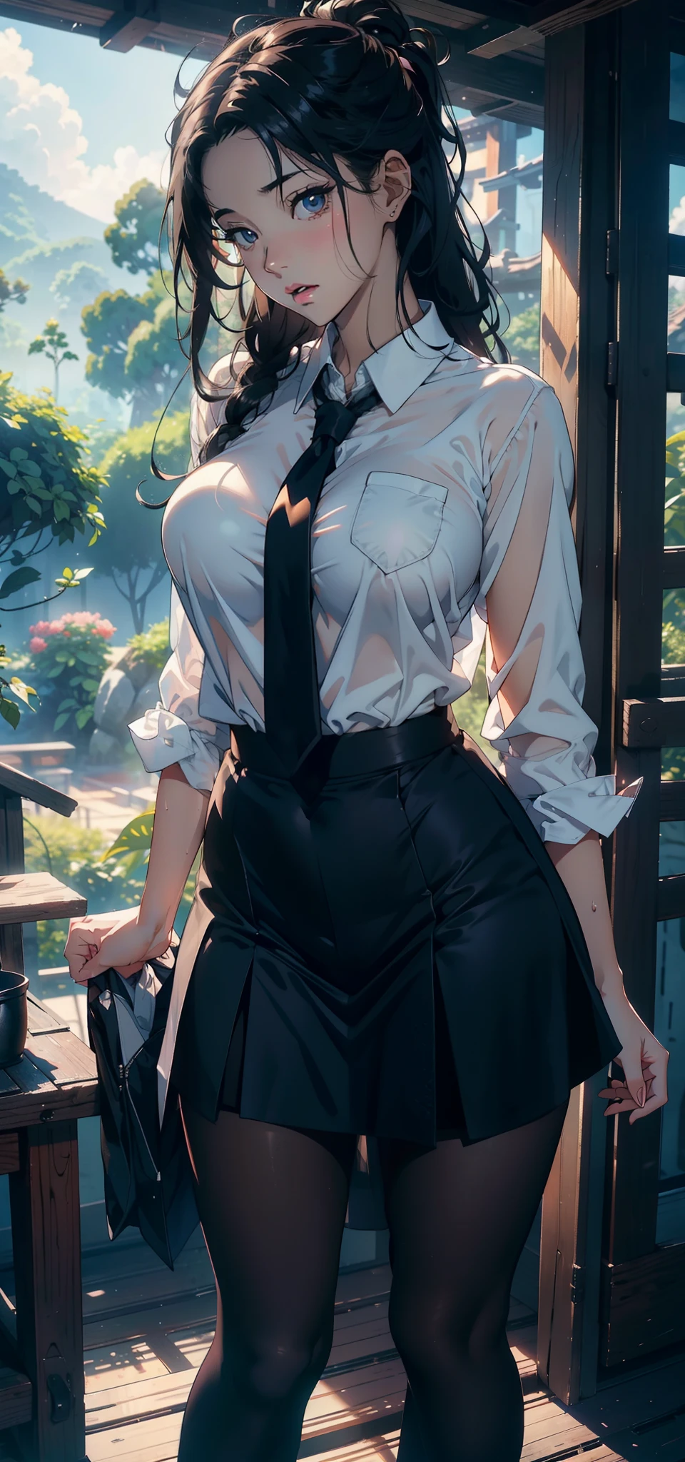 1female,25 age old,Large breasts,Pornographic exposure, 独奏,(Background with:ln the forest,the rainforest,In summer) with his long black hair,standing on your feet,Sweat profusely,drenched all over the body,seen from the front, curlies, mostly cloudy sky,(((tmasterpiece),(Very detailed CG unity 8K wallpaper),best qualtiy,cinmatic lighting,detailed back ground,beatiful detailed eyes,Bright pupils,(Very fine and beautiful),(Beautiful and detailed eye description),ultra - detailed,tmasterpiece,)),facing at camera,A high resolution,ultra - detailed),revealing breasts,Bare genitalia, Bulge,Camel toes,Raised sexy,Flushed complexion,Open-mouthed,frontage,Japanese high school girl(Wearing:White shirt,black necktie,JK skirt,Pantyhose)nakeness,high-heels
