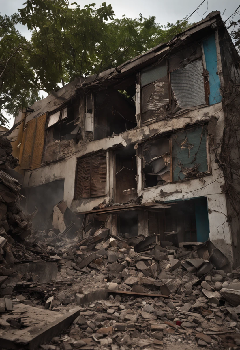 Image of the destroyed house of the bombed, photograph of-realistic, Smoke billowed out of the window, 火焰 , bushi, rubble, rust, Bushes on the ground, 废墟, ventania,Shade lights
