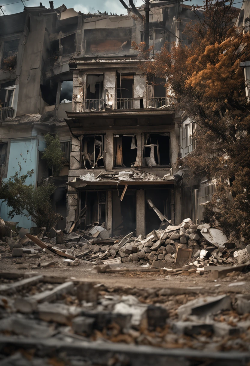 Image of the destroyed house of the bombed, photograph of-realistic, Smoke billowed out of the window, 火焰 , bushi, rubble, rust, Bushes on the ground, 废墟, ventania,Shade lights
