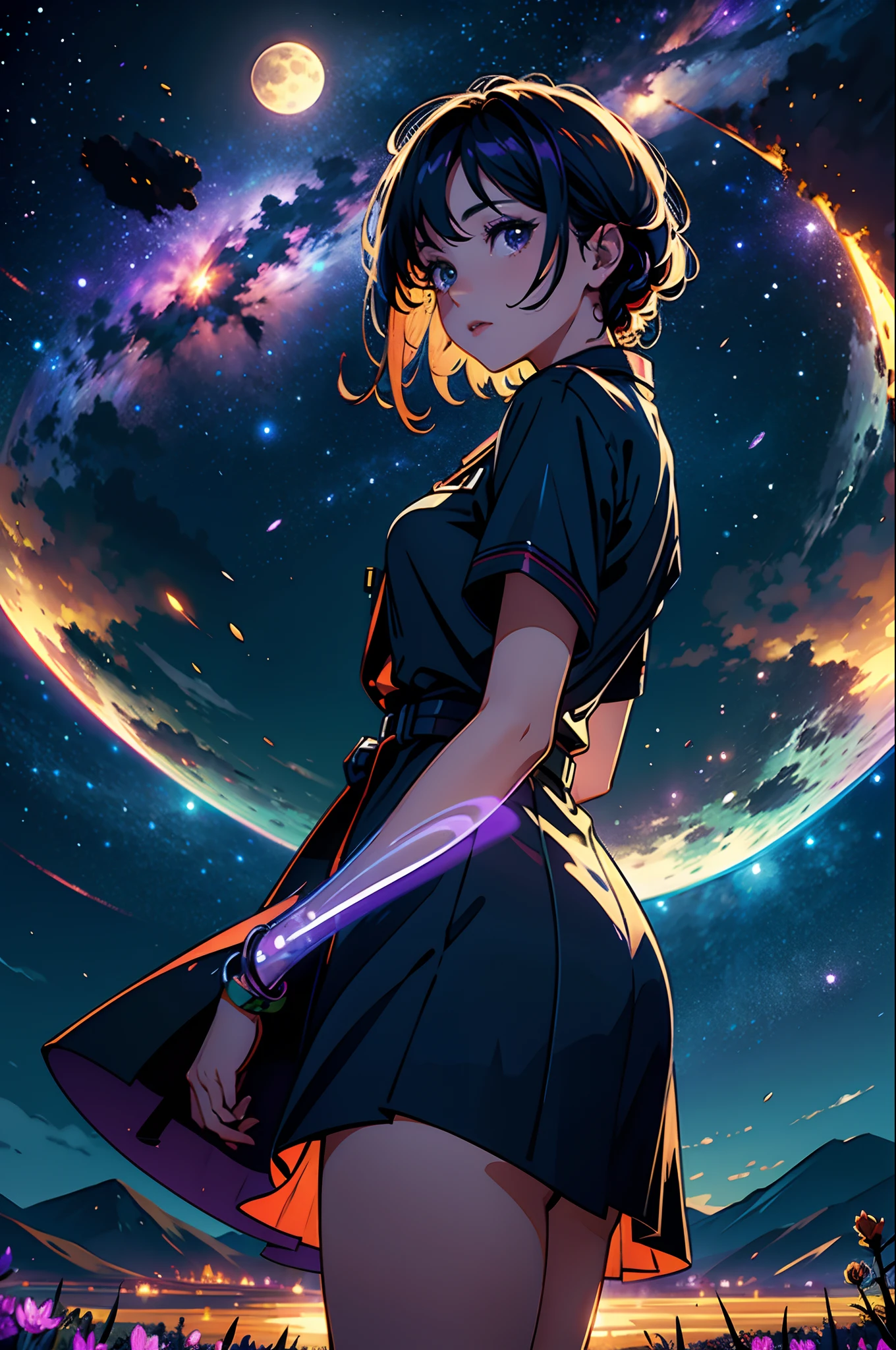 expansive landscape photograph , (a view from below that shows sky above and open field below), a girl standing on flower field looking up, (full moon:1.2), ( shooting stars:0.9), (nebula:1.3), distant mountain, tree BREAK
production art, (warm light source:1.2), (Firefly:1.2), lamp, lot of purple and orange, intricate details, volumetric lighting BREAK
(masterpiece:1.2), (best quality), 4k, ultra-detailed, (dynamic composition:1.4), highly detailed, colorful details,( iridescent colors:1.2), (glowing lighting, atmospheric lighting), dreamy, magical, (solo:1.2)